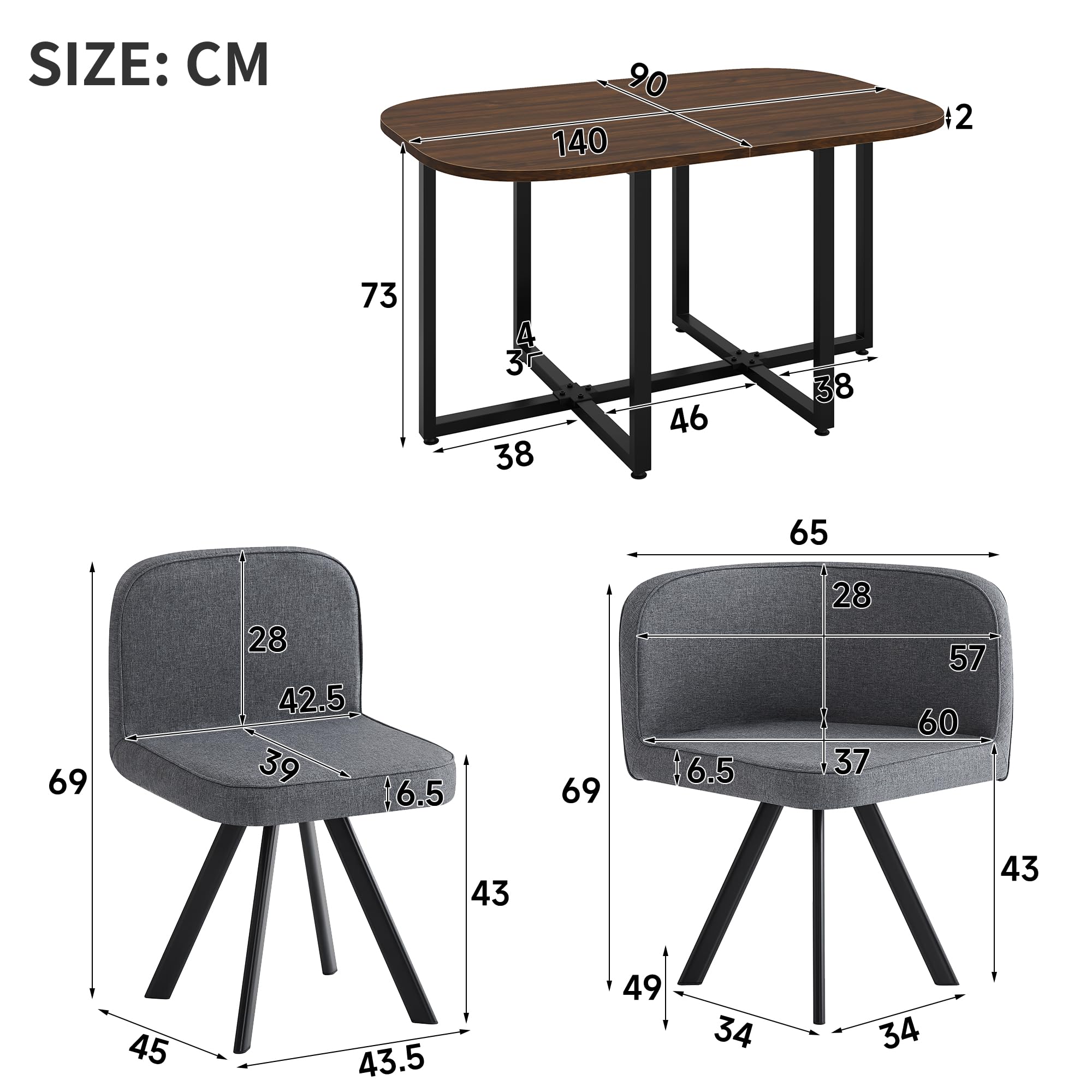 Essgruppe mit 6 Stühlen aus Leinen, Esstisch Set mit Tischplatte(140 x 90cm) aus Walnussholz, Dining Table Set mit rutschfeste Fußpolster, für Küchen und Esszimmer, Grau