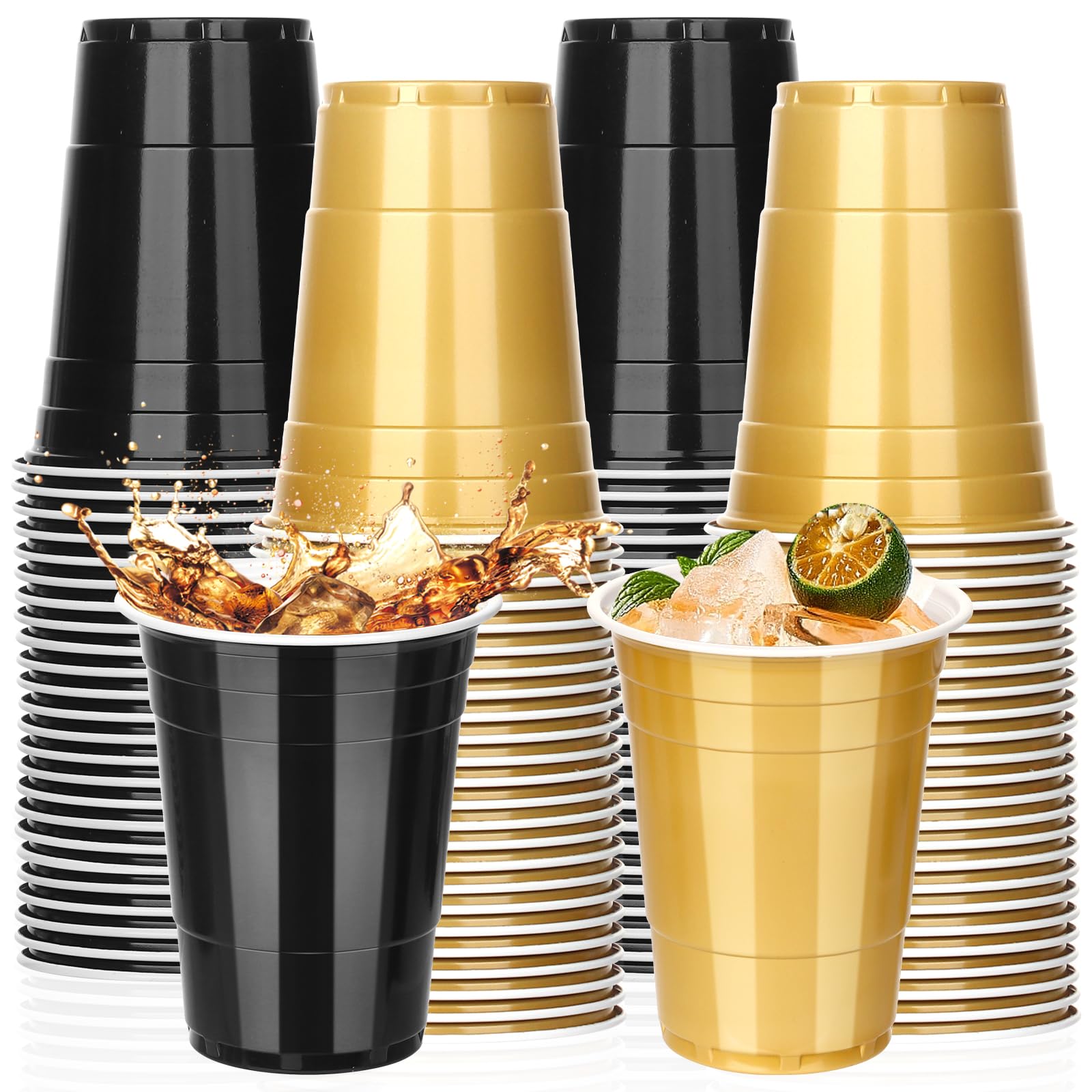 KesaPlan 50PCS 460ml(16oz) Plastic Cups Party Cups Black and Gold Birthday Decoration Plastic Cups Reusable Bulk for Graduation Wedding Birthday Halloween Family Gatherings and Festive Celebrations