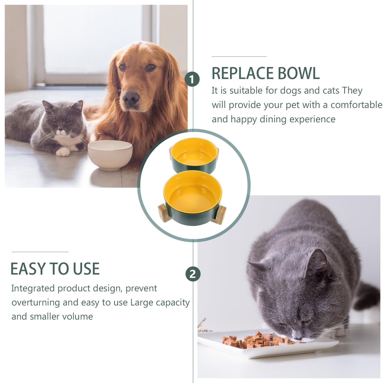 1ensemble Gamelle Chat Céramique Double avec Support Bois Surélevé Bol Eau et Nourriture Anti-débordement pour Animaux Capacité Large Facile à Nettoyer