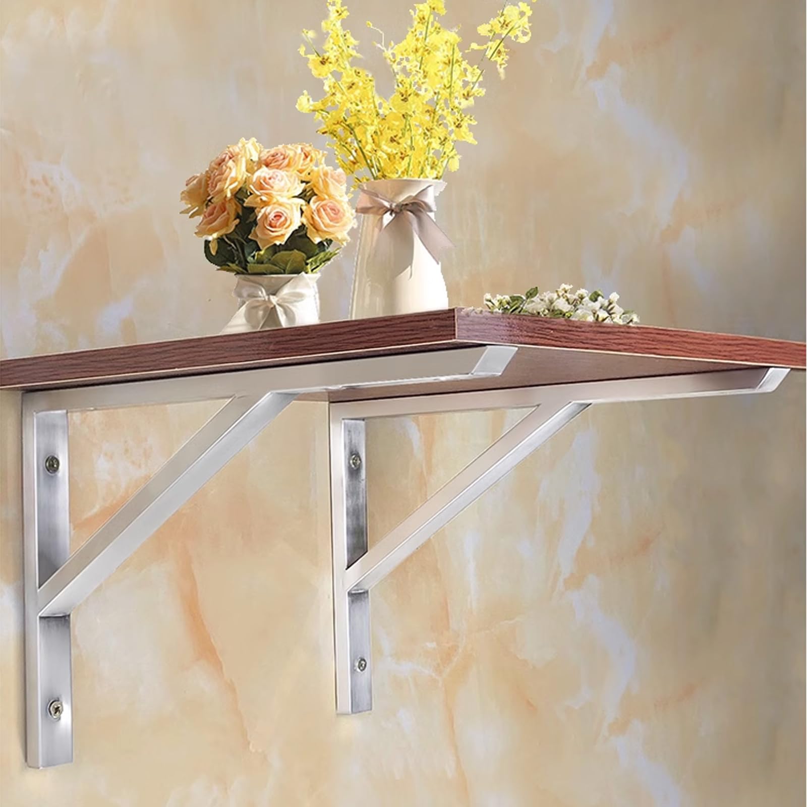 2 Piezas Soportes para Estantes de Pared,Soportes de Estantería de Metales Pesados,Escuadras para Estanterias de Acero Inoxidable en Forma de Triángulo,con Tornillos,Plateado (600mm x 305mm)
