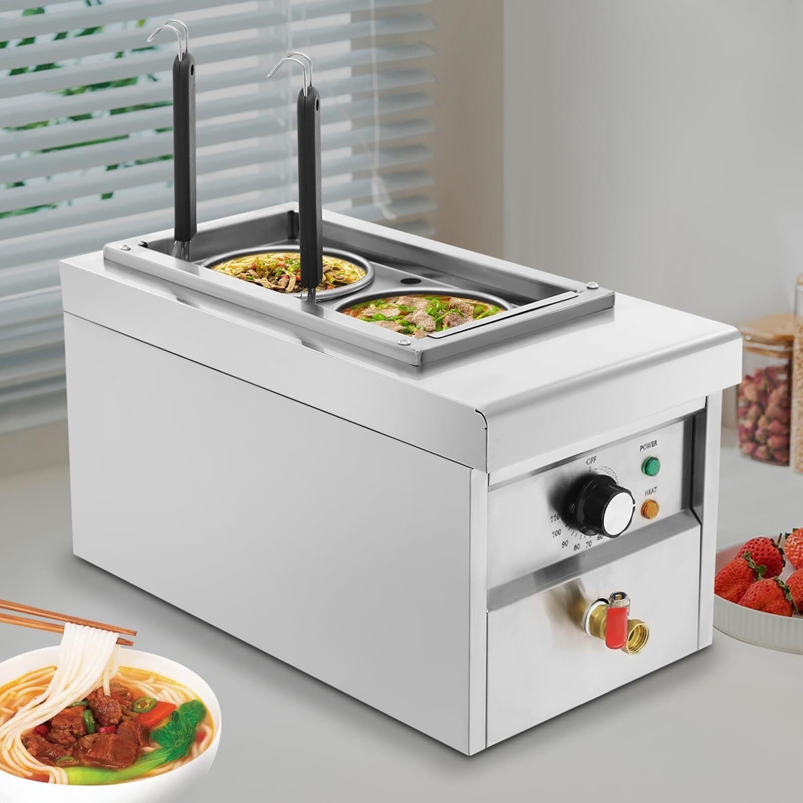 Cuiseur à pâtes Professionnel 2 Trous, 2500 W, électrique, avec Panier et Robinet, température réglable de 30 à 110 °C, en Acier Inoxydable, pour cafétérias et Restaurants