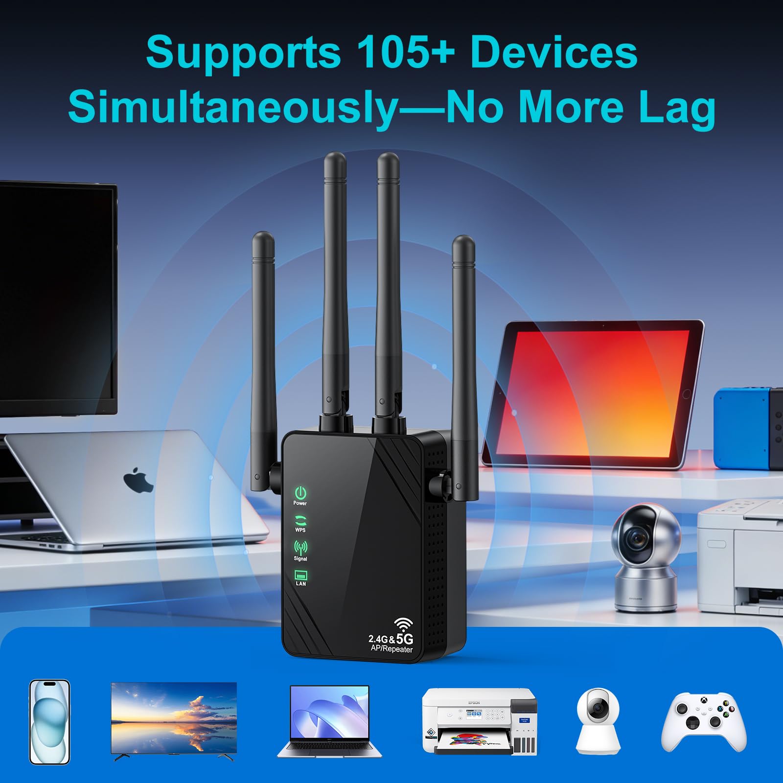 WiFi Extender Signal Booster for Home, Dual Band 1200Mbps Internet Extender WiFi Booster Up to 12888 Sq.ft Coverage and 105 Devices, WiFi Repeater with Ethernet Port, Easy Setup - 5