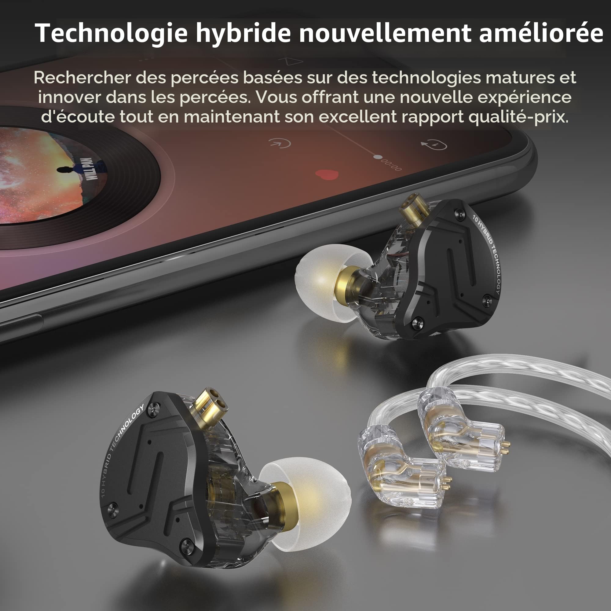 Yinyoo KZ ZS10 Pro X Écouteurs Intra-Auriculaires 4BA+1DD, Écouteurs Hybrides Moniteur HiFi à l'oreille, Casque Filaire avec Câble de 0,75 mm à 2 Broches pour Audiophile (X Noir, sans Micro)