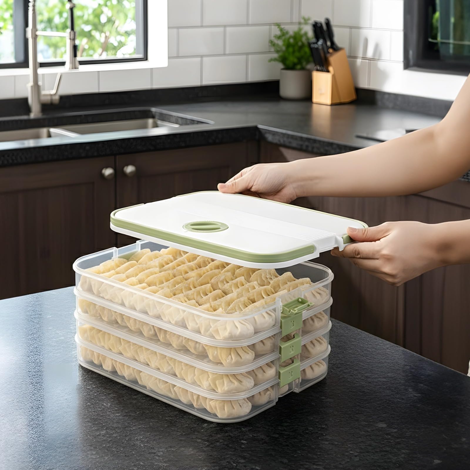 Dumpling Aufbewahrungsbehälter, 4-lagiger stapelbarer Organizer für Tiefkühl-Lebensmittel mit tragbarem Griff, verschlossene Kühlschrankbox für Dumplings, Cookies, Gebäck, 30 cm x 22,5 cm x 14,5 cm