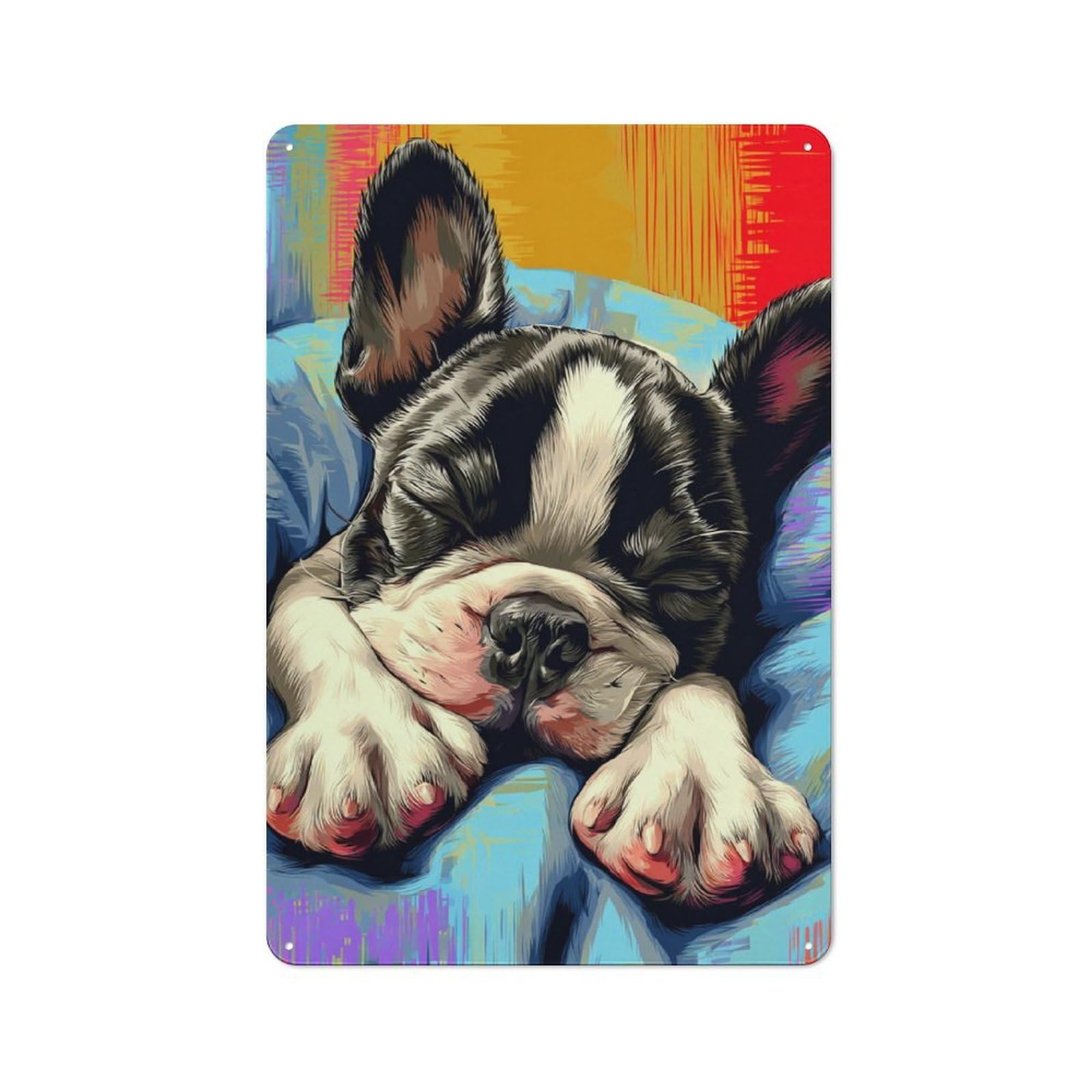 Junmoney Sleepy French Bulldog Portrait Retro Metal Wall Sign 30X20cm For Café Or Home Bar, For Home Bar Enthusiasts, For Retro Home Interiors