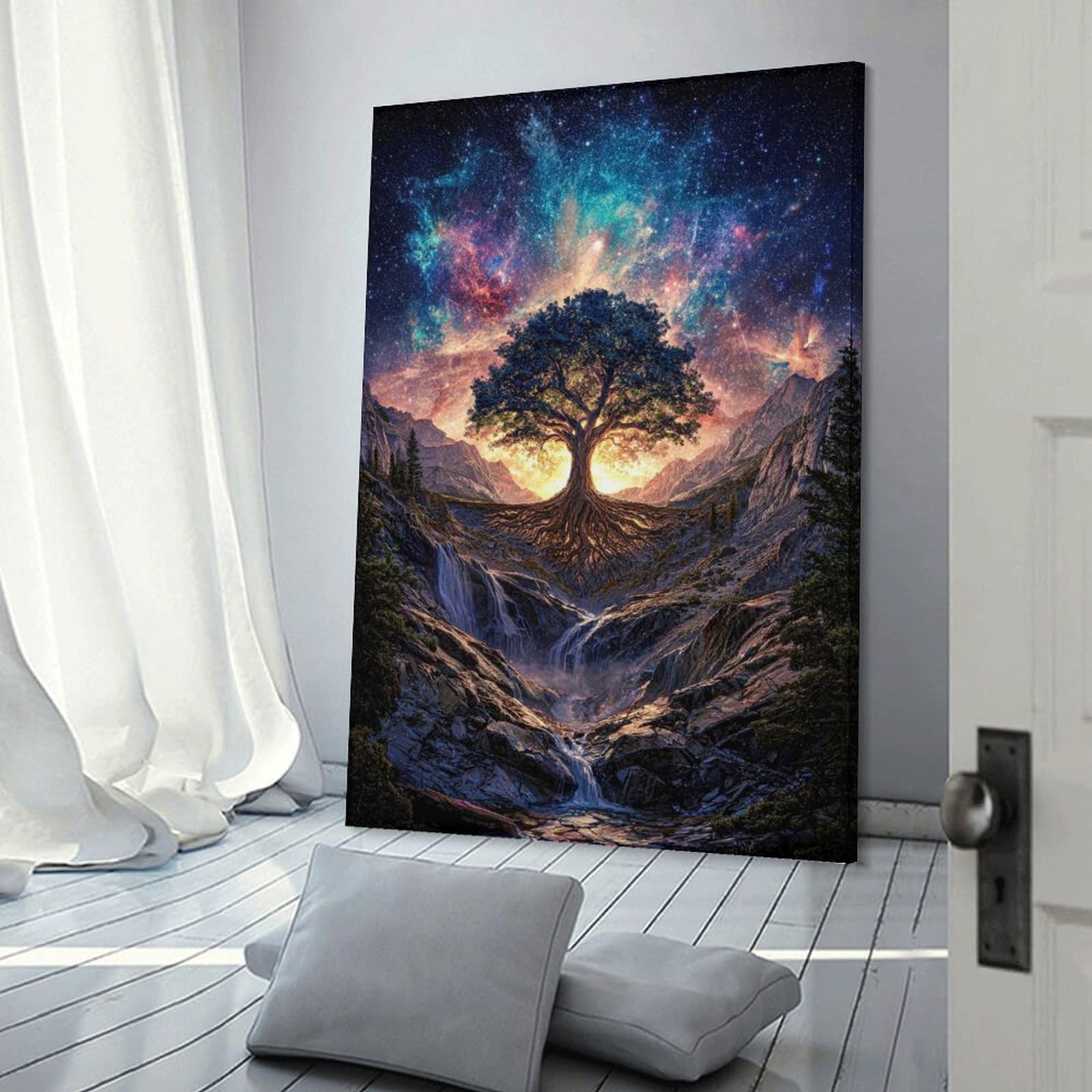 Junmoney Cosmic Tree of Life Waterfall Landscape Wall Decor Canvas Print, 24x36inch(60x90cm), for Bedroom, Lounge Or Dressing Area, Decorative Wall Art for Cosy Rooms