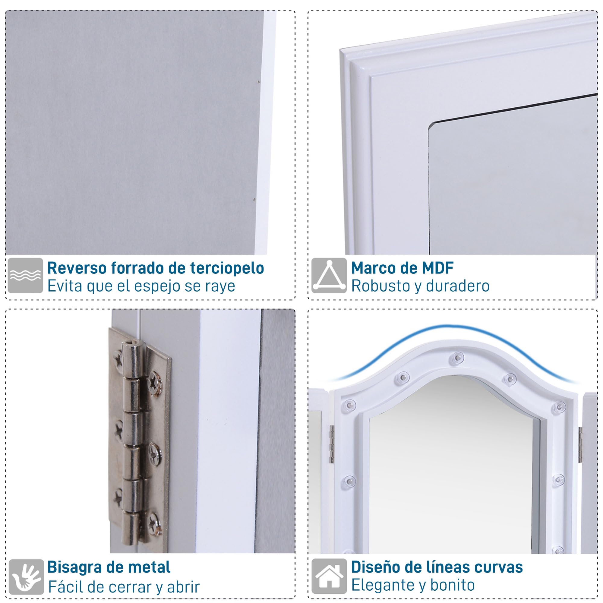 HOMCOM Espejo de Maquillaje con Luz LED Plegable Triple 73x53.5x4.5cm