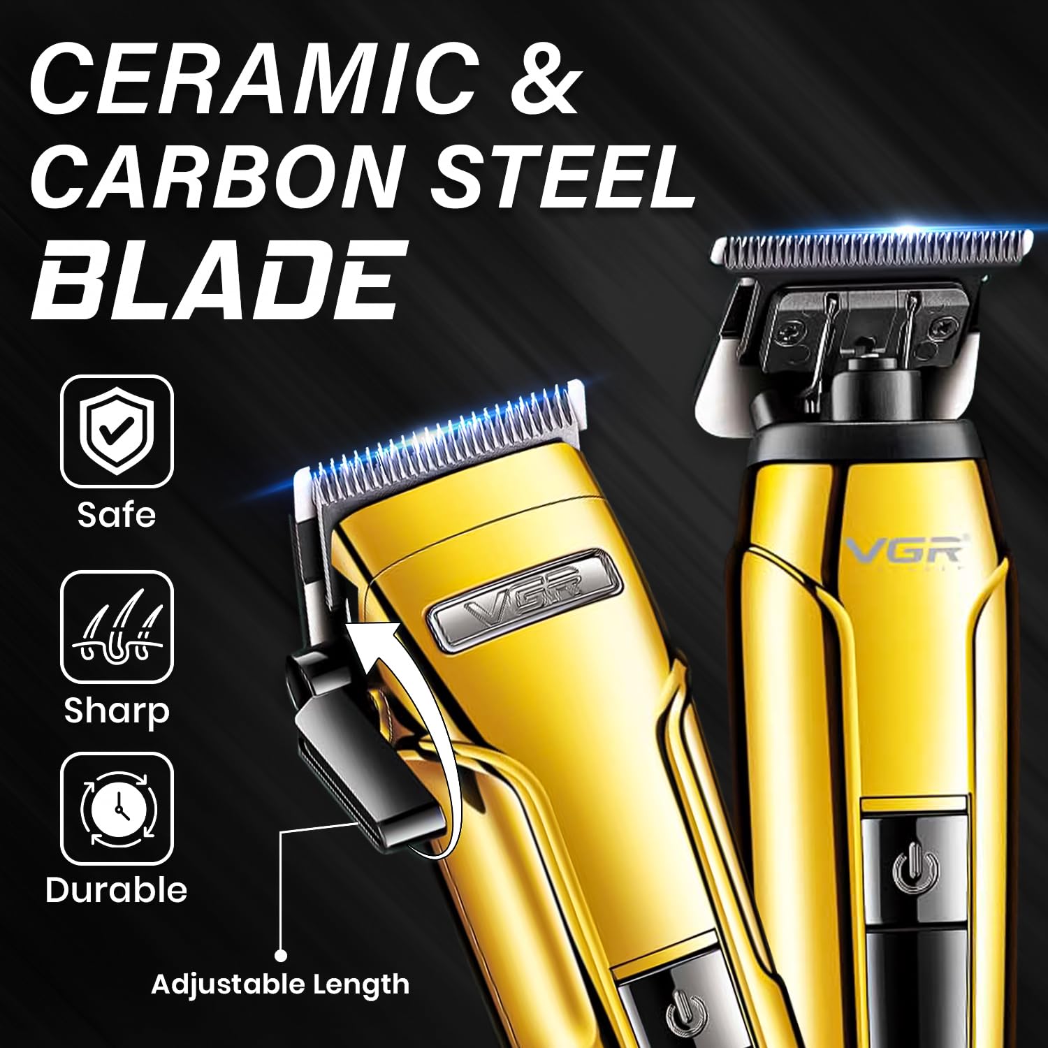 വിശദമായി view of the ceramic and carbon steel blades on the VGR V-694 clipper, showing adjustable length feature.