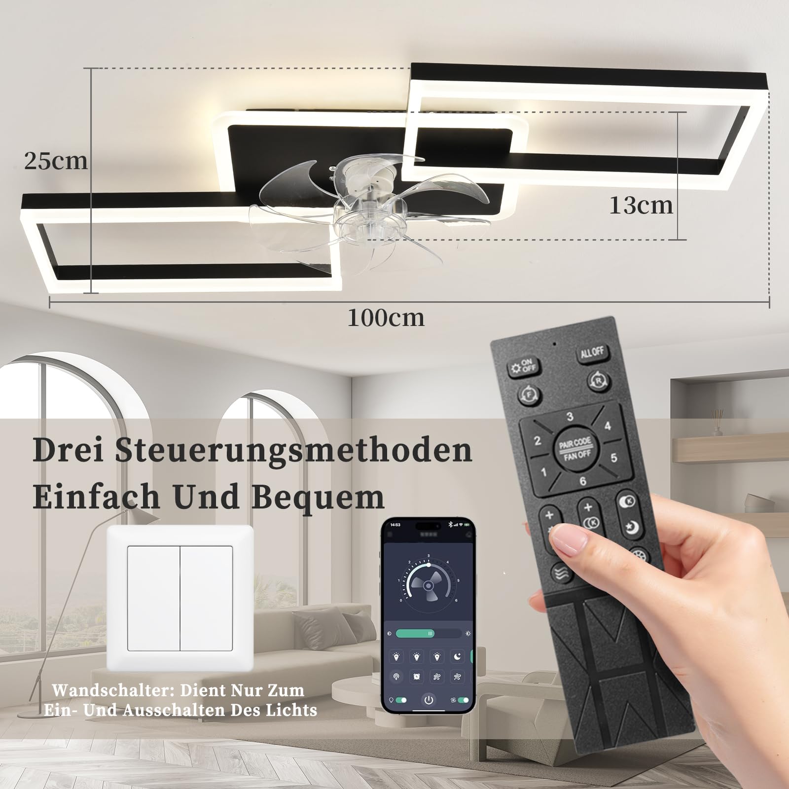 LED Deckenventilator Mit Beleuchtung,100cm Dimmbar Lampe Mit Ventilator,51W 4000lm Deckenventilator Mit Licht,deckenlampe Mit Ventilator Und Fernbedienung App Leise 6-Speed Für Schlafzimmer Wohnzimmer