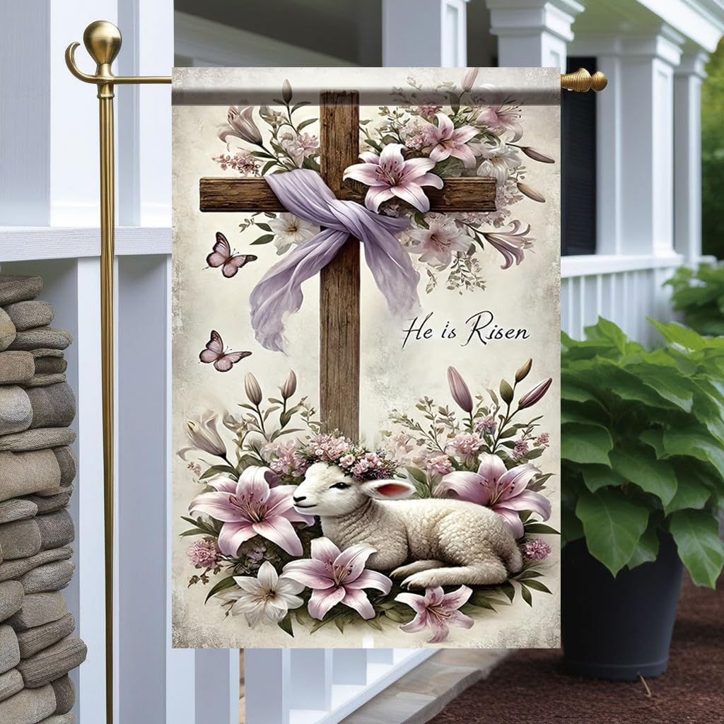 He Is Risen Garden Flag 12x18 Inch Double Sided Outdoor Yard Banner Christian Cross Lily Flowers and Lamb Easter Religious Theme Garden Decoration for Porch Patio Lawn Church Outdoor Decor