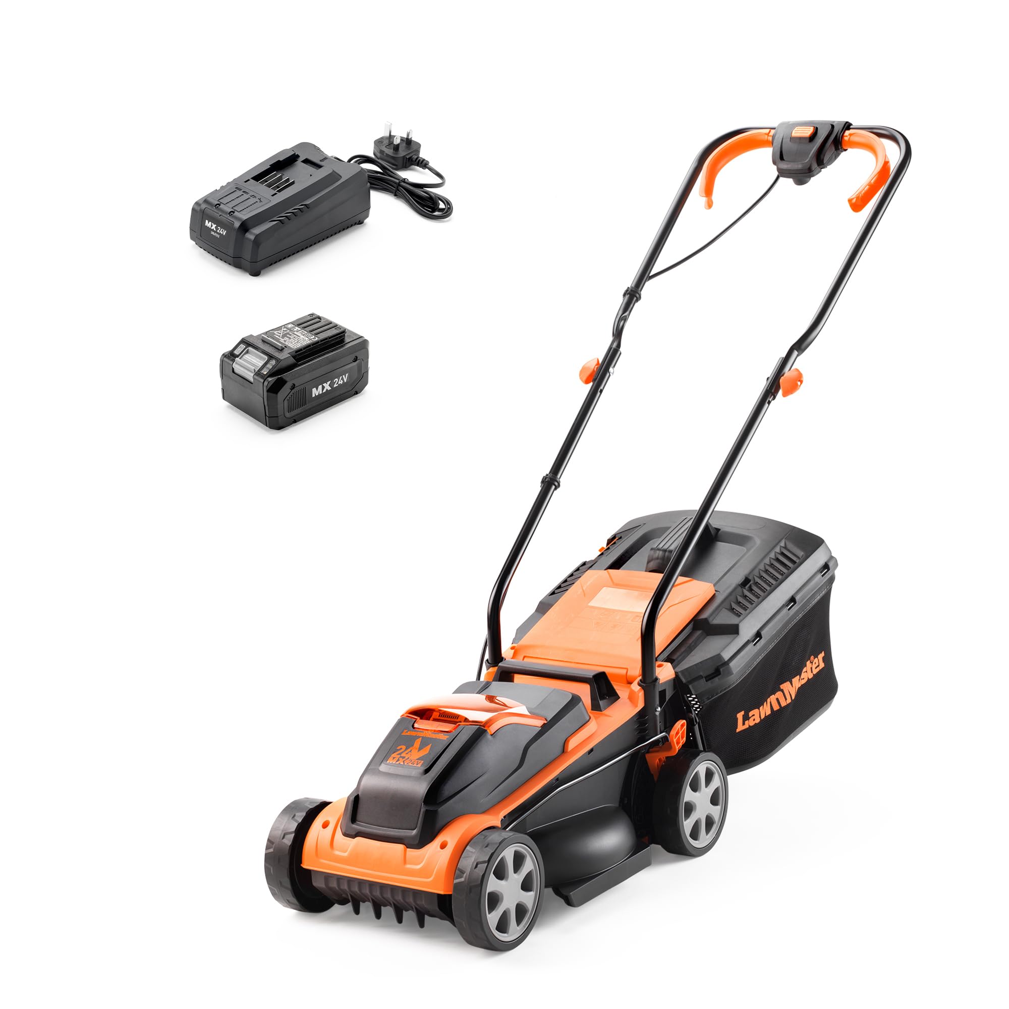 LawnMaster MX 24V 32cm Cordless Lawnmower - Orange - Rear Roller - 5 Cutting Heights