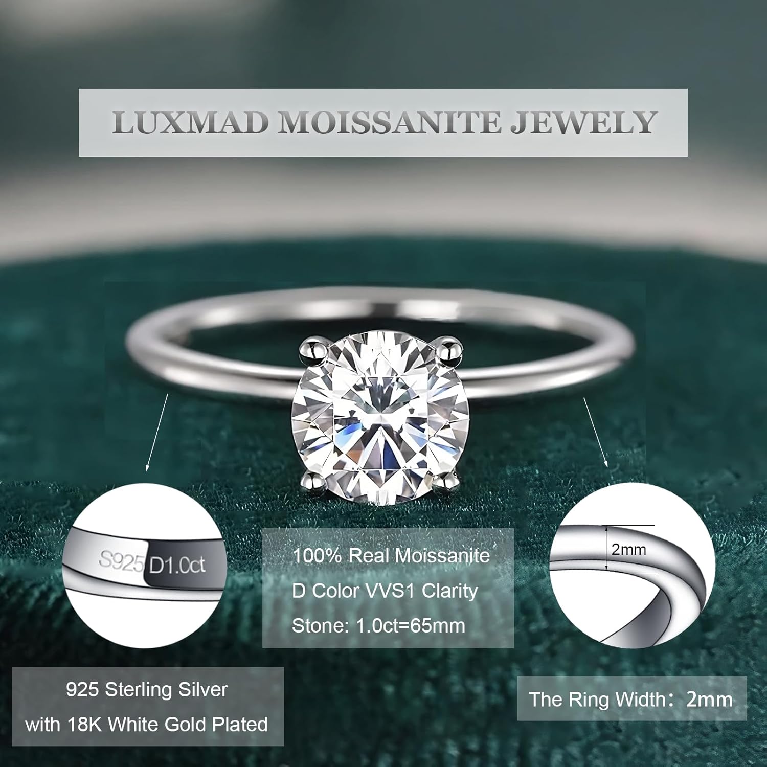 Moissanite Engagement Ring for Women White Gold Vermeil 1ct D-Color VVS1 Round Cut Simulated Diamond Solitaire Ring Classic 4 Prong Wedding Promise Anniversary Band Gifts for Her