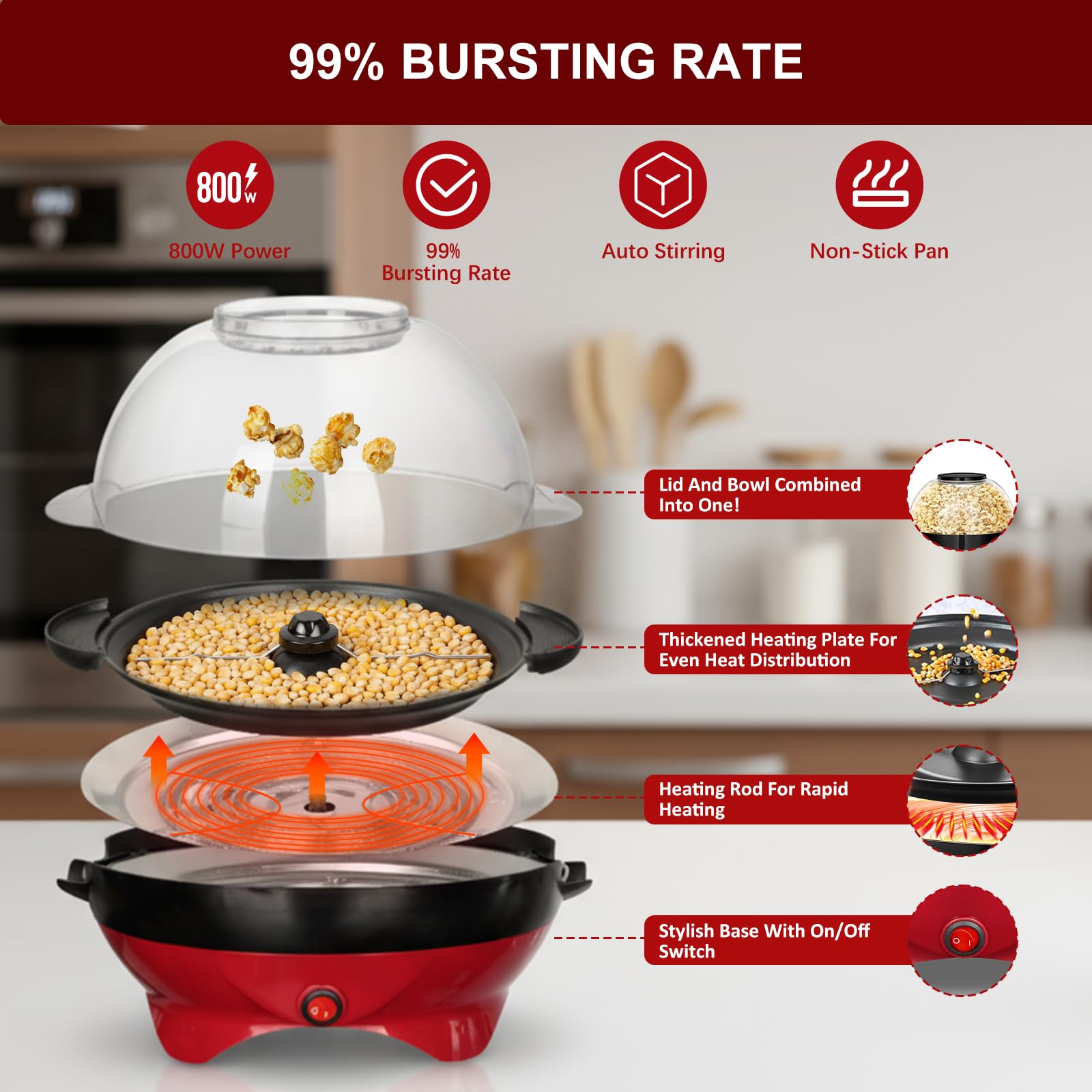 Cozary Machine a Pop Corn, Machine à Pop Corn 5L Grande pour la Maison, avec Revêtement Antiadhésif et Surface de Chauffe Amovible, Machine Pop Corn Silencieuse et Rapide Pour Sucre et Huile