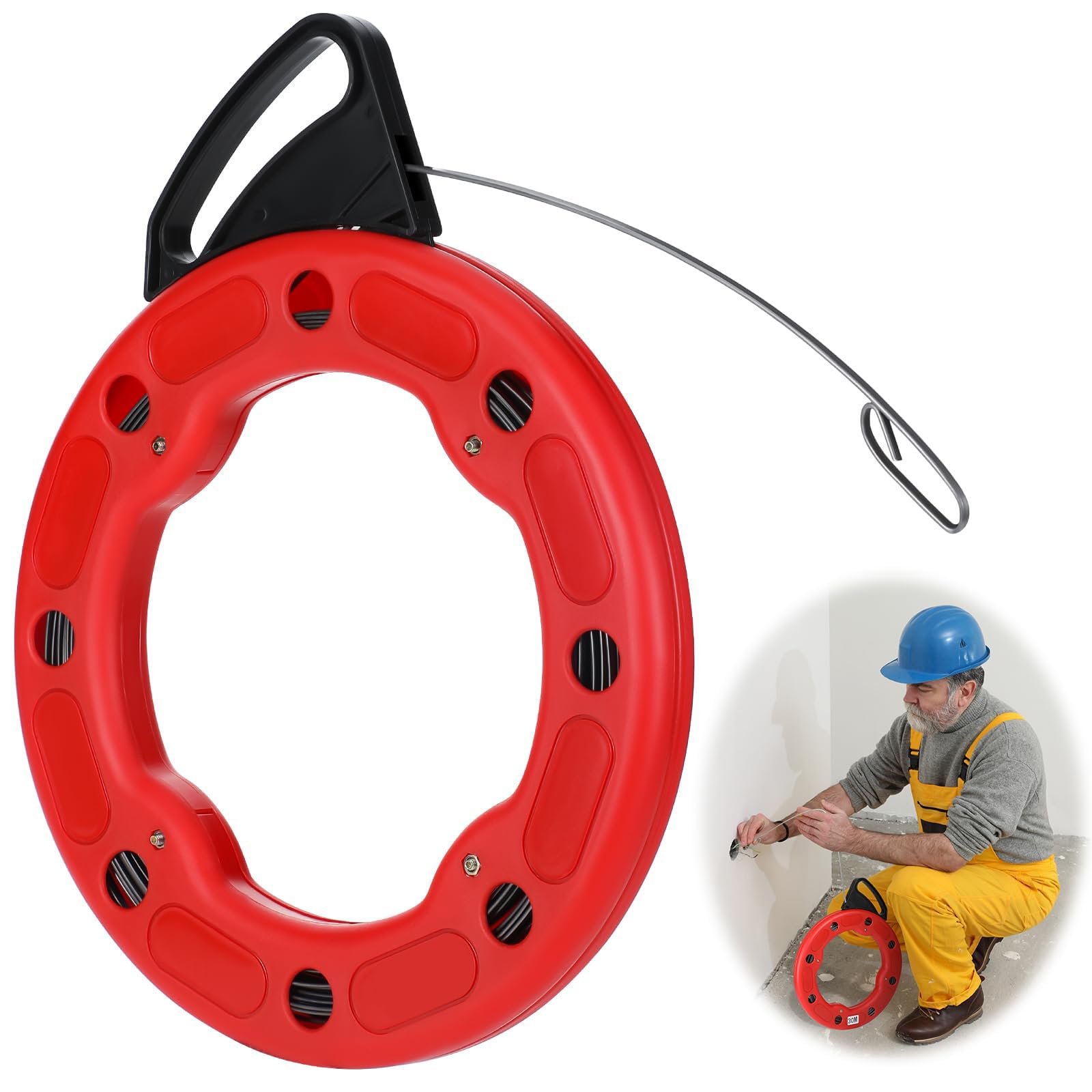 Azonee 30m Fish Tape Wire Puller, Easy to use Cable Puller Tool with Double Loop Tip Electrical Fish Tape with Red Plastic Case Durable Wire Fishing Tools for Walls and Electrical Conduit Wiring