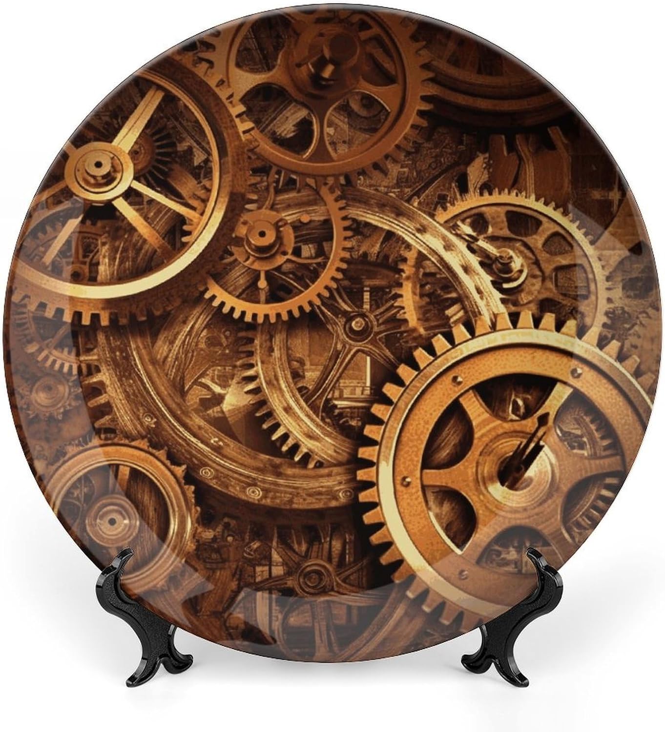 Cool Steampunk Gears Bone China Decorative Plate with Display Stand, Ceramic Ornaments Plate for Wall Hanging, Personalized Porcelain Plates for Office, Living Room 8inch