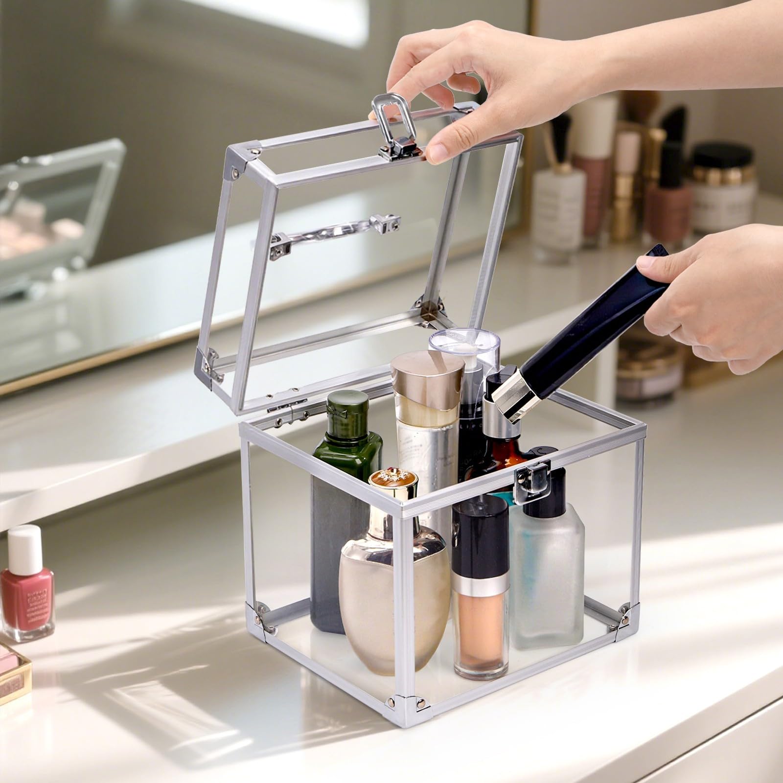 Okllen Transparent Acrylic Crown Box with Portable Handle, Silver
