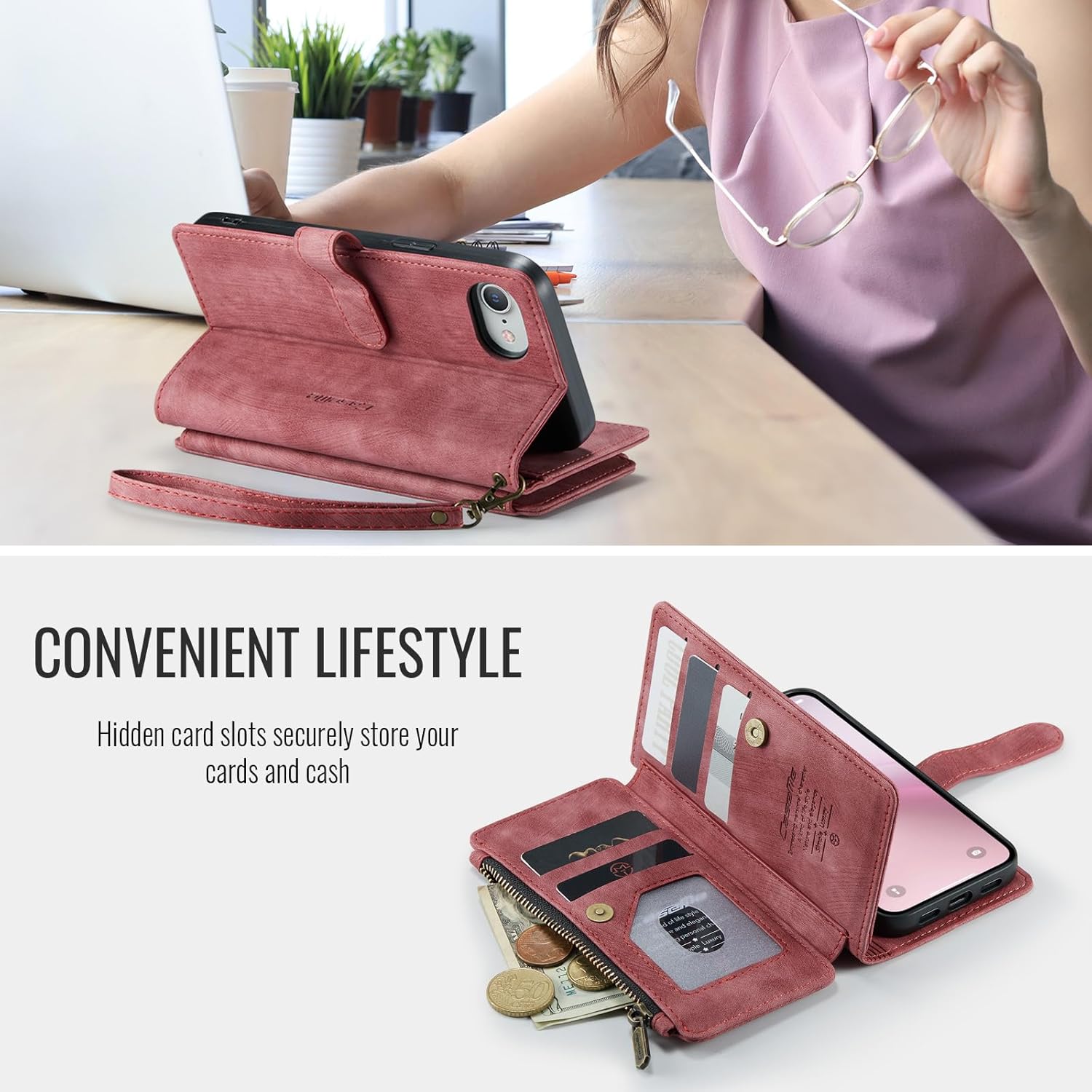 Compatible with iPhone 16e/17e Wallet Case,with Card Holder Kickstand Magnetic Zipper Pocket Lanyard Strap Wristlet,Leather Flip Case Wallet for iPhone 16e/17e 6.1 Inch(Red)