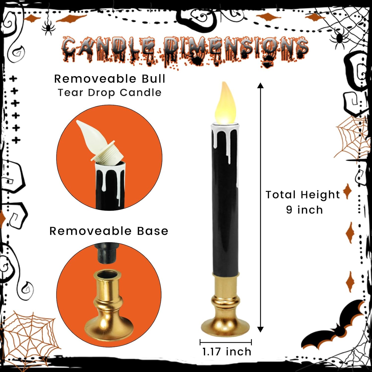 Black Gold Dripping Wax LED Window Candlestick – 9" Tall, 6-Pack Flameless Taper Candles with Timer, Battery Operated, Elegant Fall & Thanksgiving Décor for Table, Mantel & Window Displays