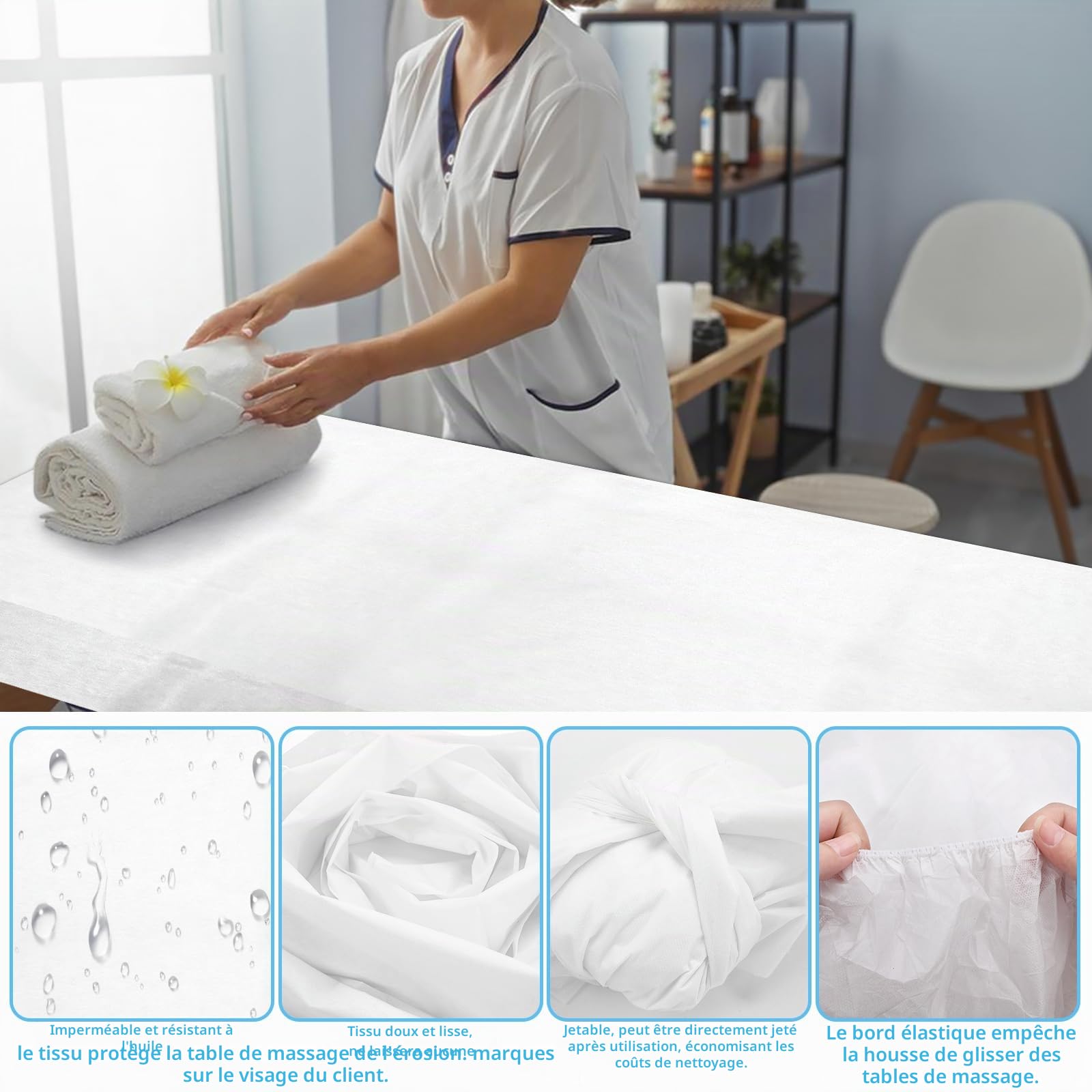 Lot de 50 draps-housses jetables pour table de massage avec élastique, respirant et jetable, en tissu non tissé, usage unique pour salon de beauté, tatouage, lit de cils faciaux, 88,9 x 218,4 cm