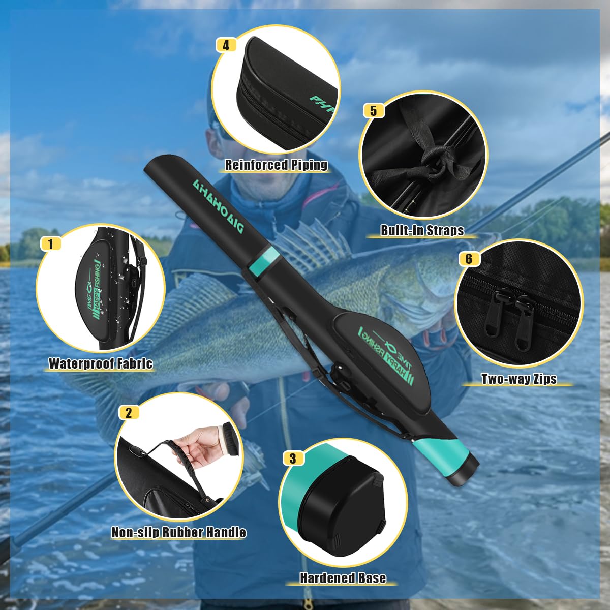 Funda para Cañas de Pescar Impermeable 130 cm, Mochila Pesca con Dos Bolsillos Laterales