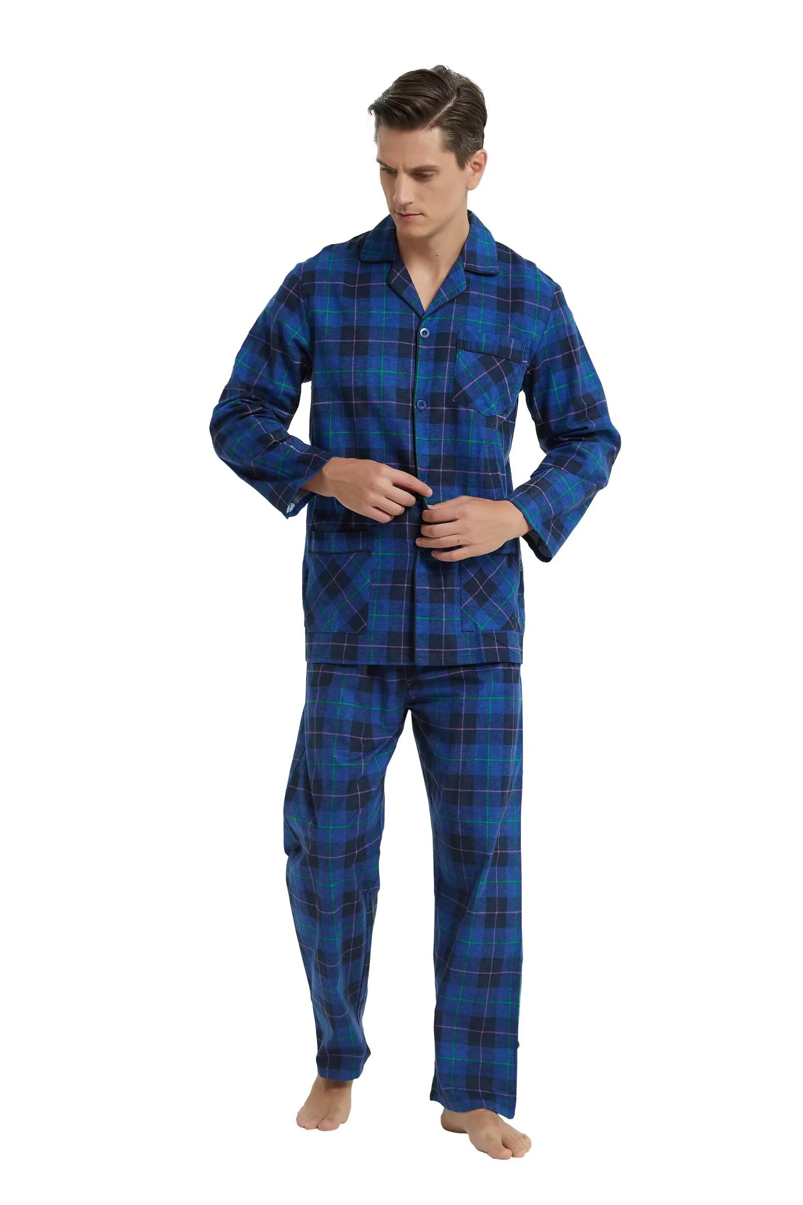 GLOBAL Pijamas para Hombre Franela Cómodo Ropa de Dormir Largo Suave Conjunto de Algodón Hombre Pijamas Manga Larga Botones y Pantalones Cintura Elástica Cordón