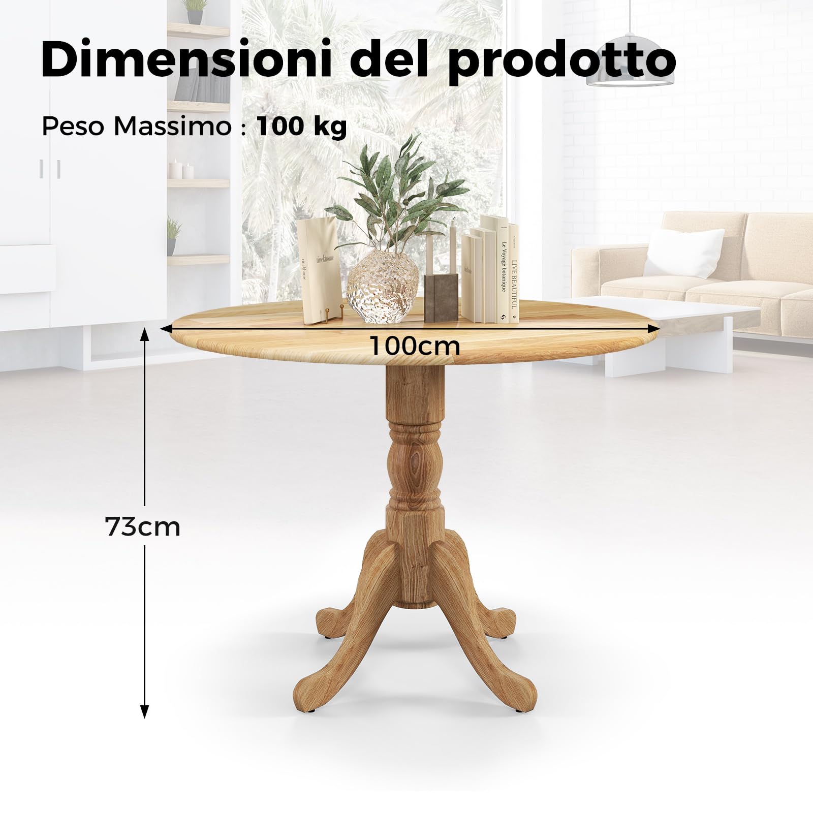 RELAX4LIFE Tavolo da Pranzo 100cm per 4 Persone, Tavolo Rotondo da Cucina in Legno di Gomma, con Gambe a Cavalletto Curve, Tavolino Moderno per Sala da Pranzo, Soggiorno, Carico 100kg (Naturale)