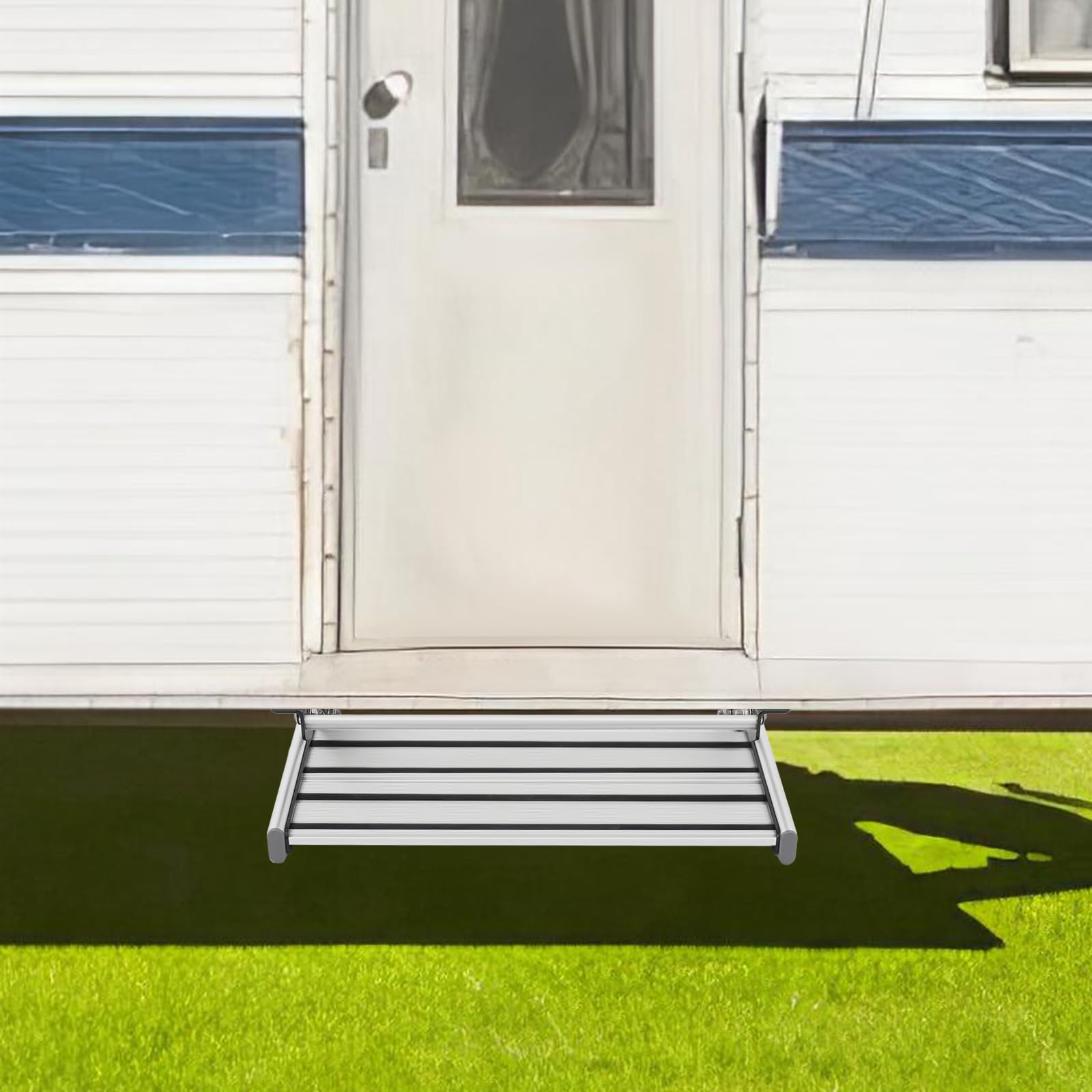Gradino esterno per camper in alluminio con illuminazione a LED, pieghevole manualmente, antiscivolo, resistente alle intemperie, gradino singolo, facile da montare, accessorio per roulotte, camper