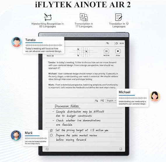 iFLYTEK AINOTE Air 2 Digital Notebook, 8.2-Inch E Ink Tablet, Black Case | AI Note Taker with Meeting Minutes, Voice Transcription, Multilingual Translation, Paper-Like Writing and Official Black Case