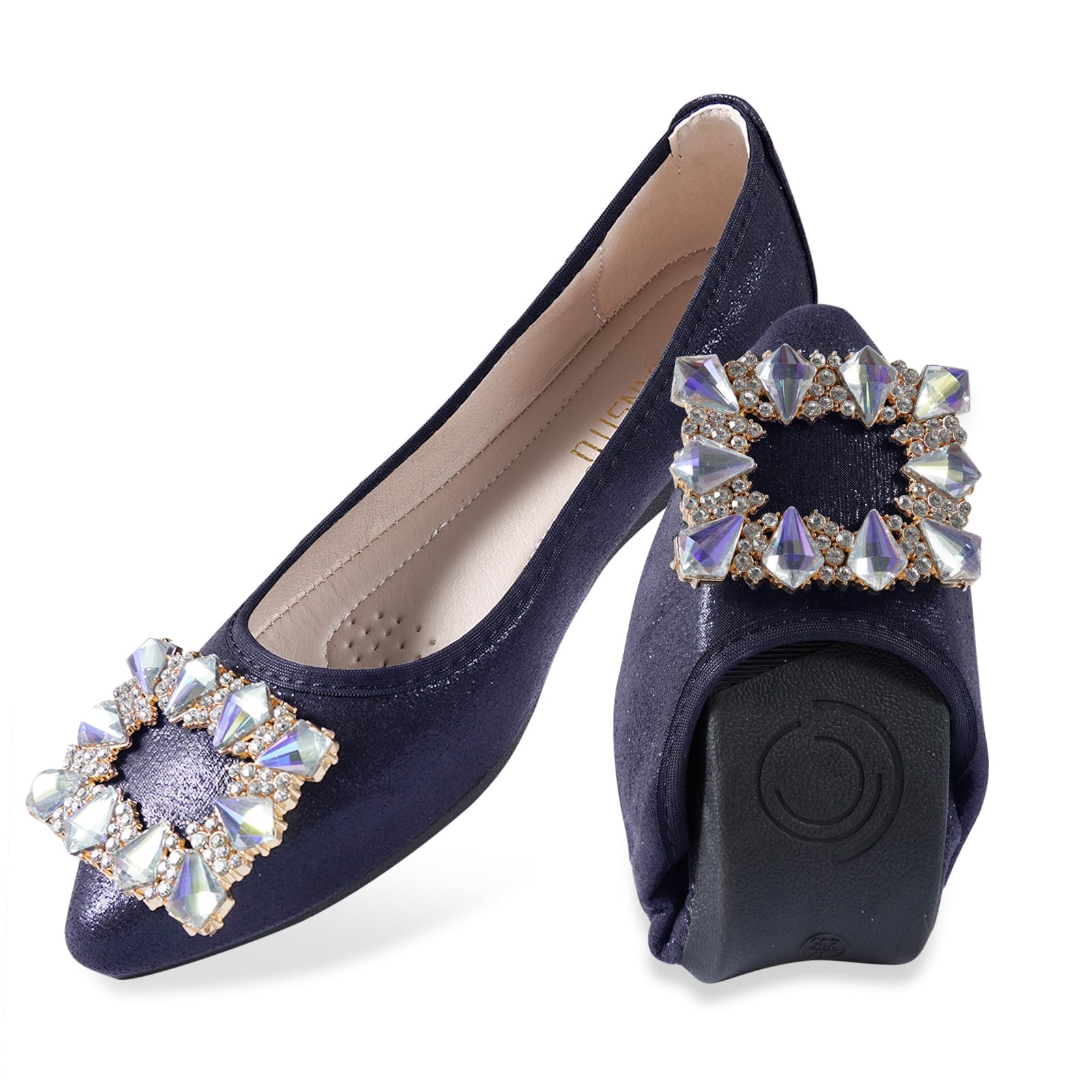 YOUNIFIZ Women Ballet Flats Buckle Rhinestone Wedding Ballerina Shoes Foldable Sparkly Comfort Slip on Flat Shoes