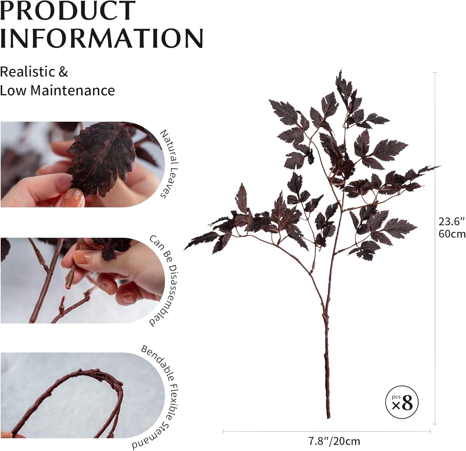 Artificial Fall Leaves Fall Stems Silk Plants Artificial Cimicifuga Plant Greenery， 4pcs Fall Stems for Vases Silk Plants for Home Indoor Table，Fireplace，Shop Office Decorations (No Vase