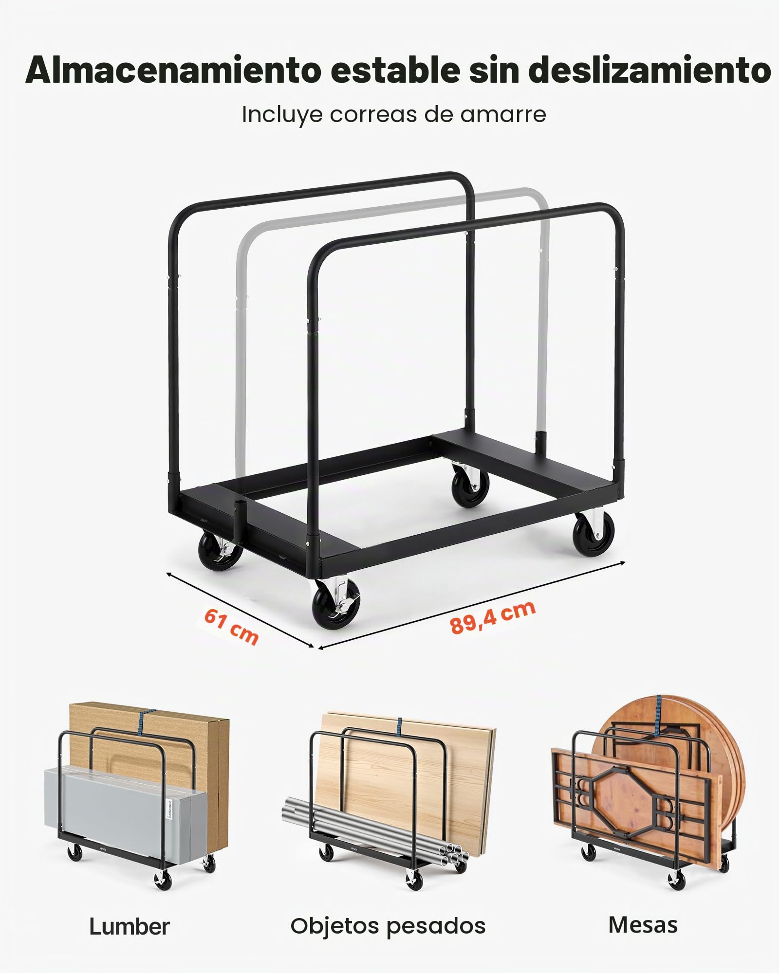 VEVOR Carro Portaplatos Carga 816 kg, con Ruedas Giratorias de 360°, Correa de Amarre y 3 Pasamanos Laterales, Rodillo para Platos, para Fábricas, Almacenes y Garajes, Negro, 955 x 610 x 935 mm