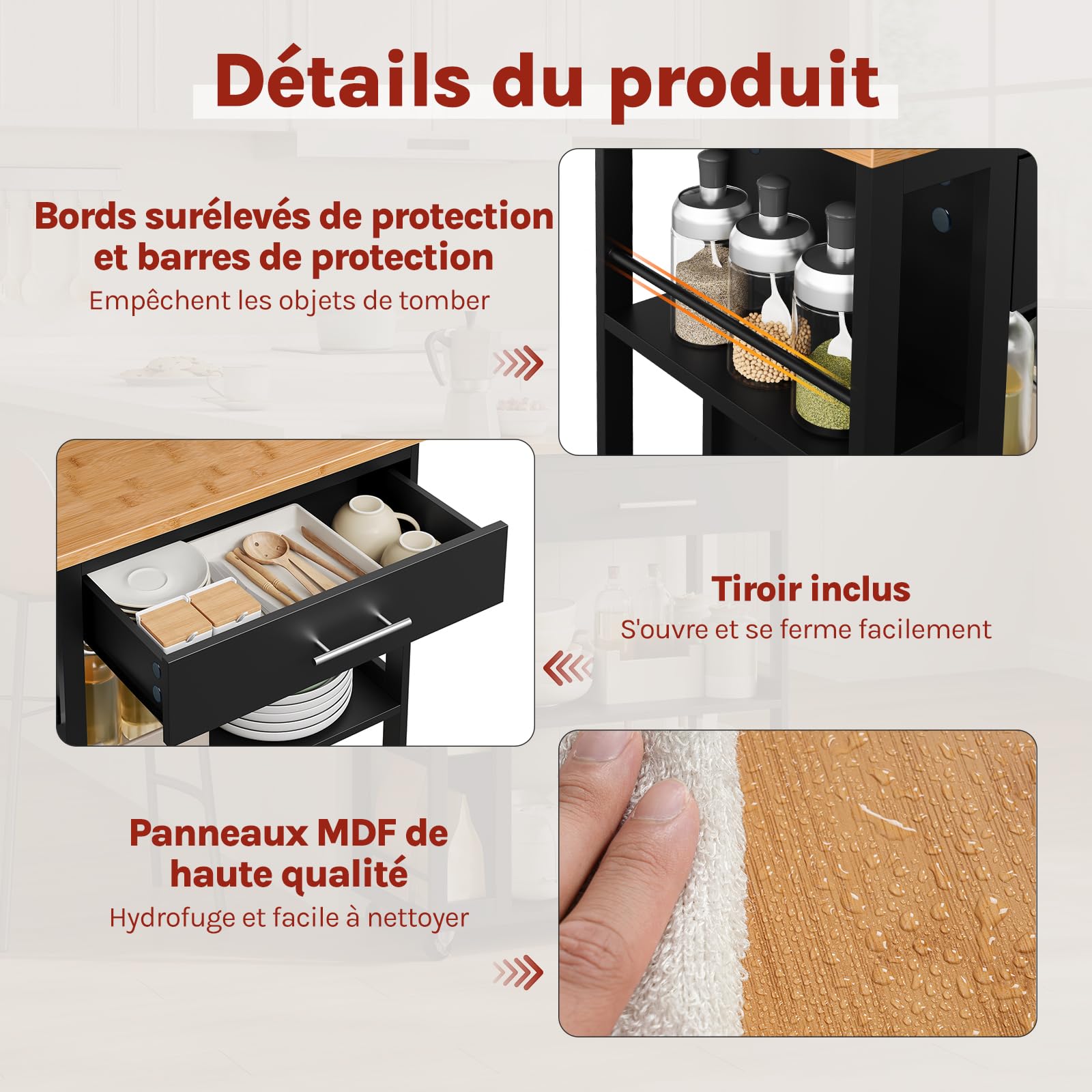 WOLTU Desserte à roulettes, Îlot de Cuisine, Chariot de Rangement avec Plan de Travail, Tiroir et Étagères Ouvertes, pour Salle à Manger/Salle de Bain, 73x38x88cm, Effet de Bambou + Noir, RW051sz