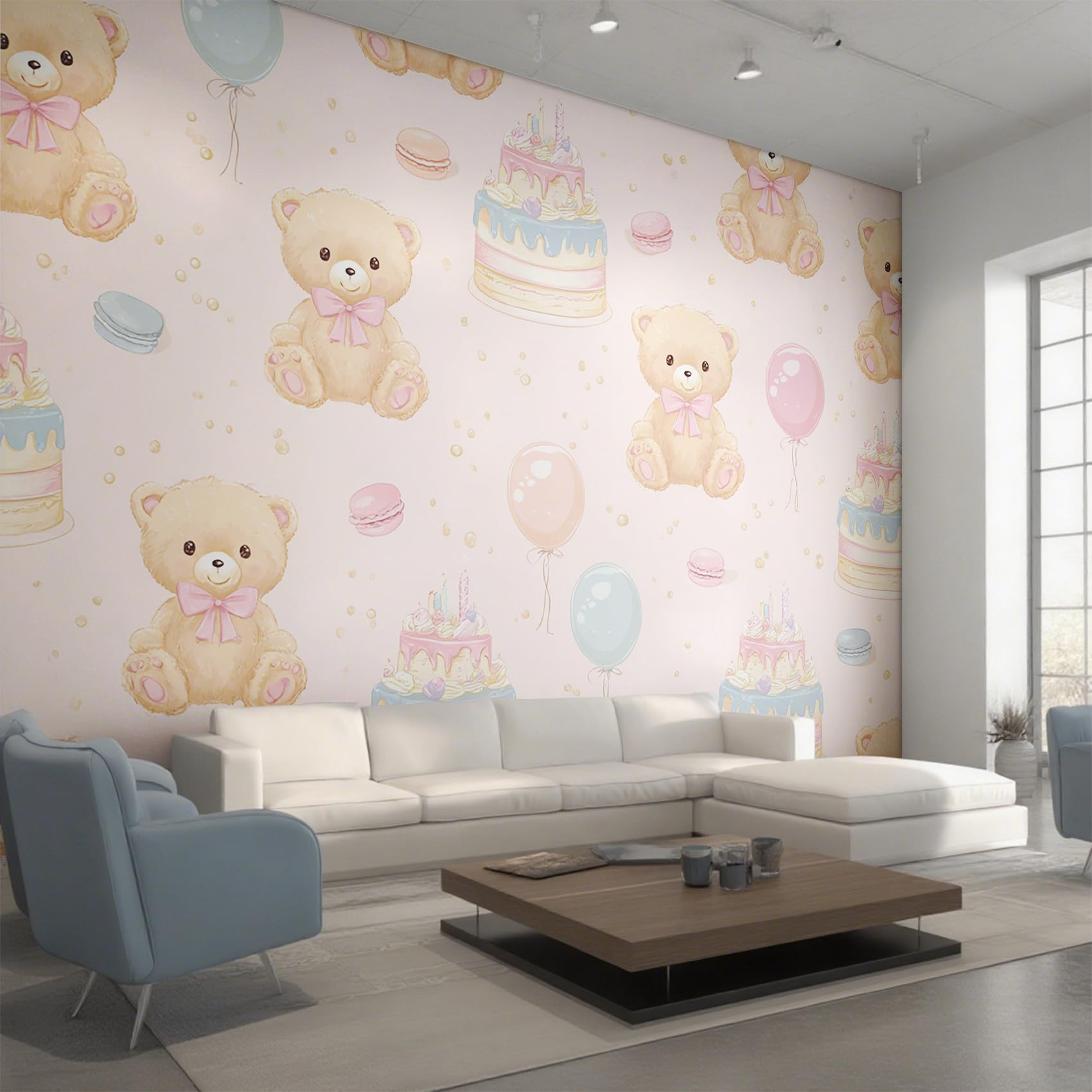 Décoration murale salon chambre avec un ours en peluche géant flottant dans les airs
