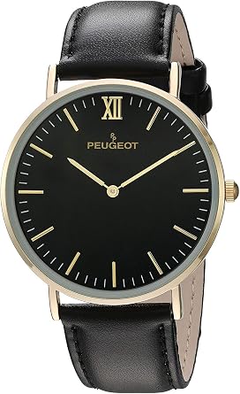 Peugeot Mens Ultra Slim Watch, 14Kt Gold Plated Round Minimalist Wrist Watch for Men with Easy to Read Dial and Genuine Leather Band