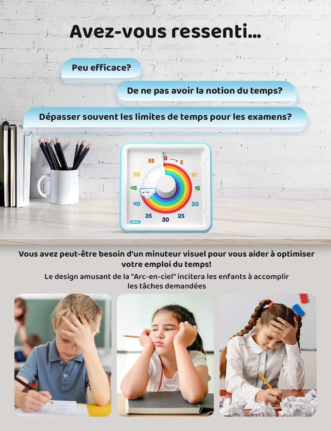 LIORQUE Minuteur Visuel Timer Enfant, 60 Minutes Chronometre Enfant et Compte à Rebours pour Enfants et Adultes, Silencieux Outil de Gestion du Temps pour Cuisine, Salle de Classe, Réunions (Bleu)