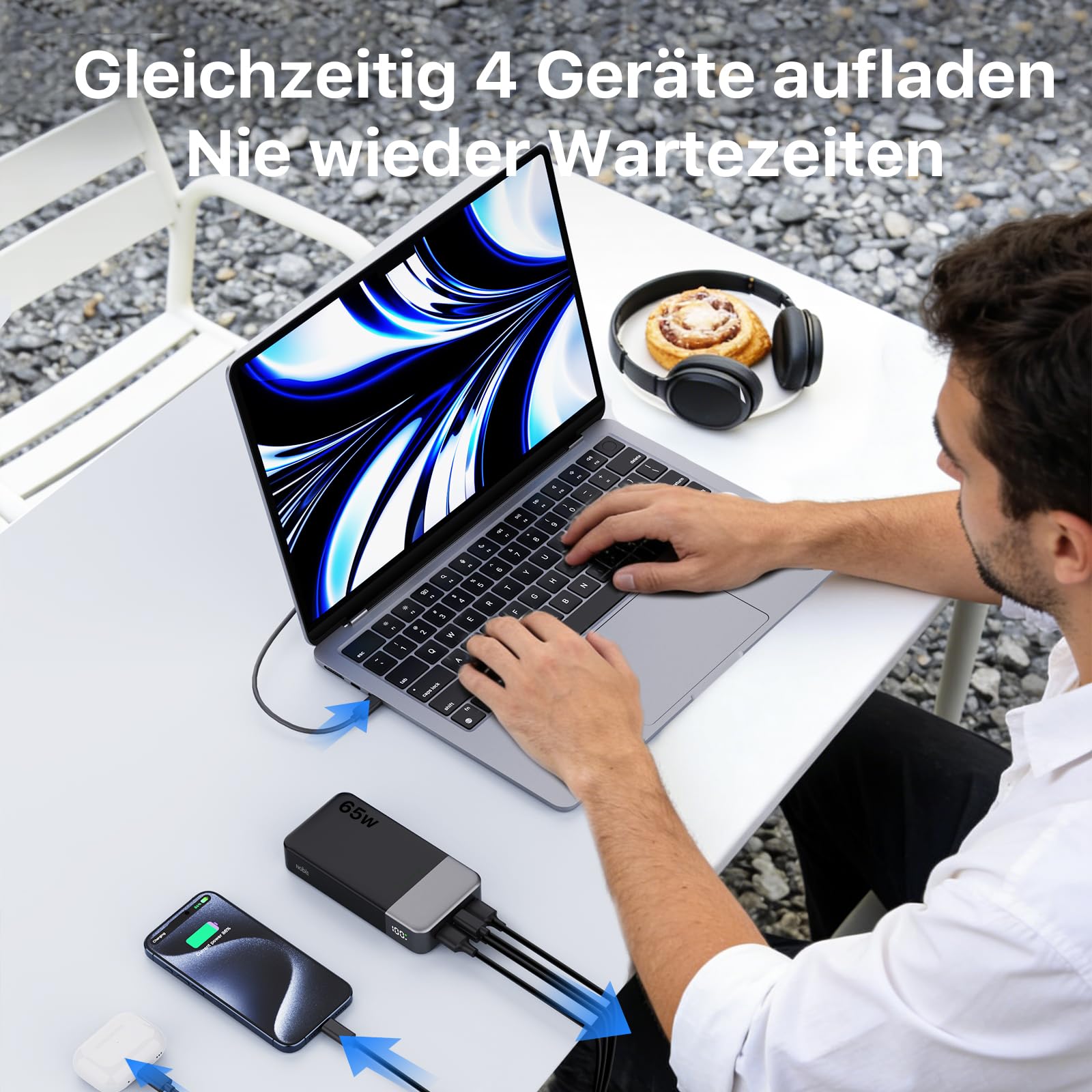 NOBIS 65W Power Bank 20000mAh, Power Bank USB C*2 (In/Out) & USB-A*2,Powerbank Schnellladefunktion PD QC mit Digital Display für Laptop, Handy, Tablet, Kopfhörer | Akkupack mit 2 USB-C(In/Out) und 2 USB-A, Digitalanzeige, Akku-Bank, Reise-unerlässlich für
