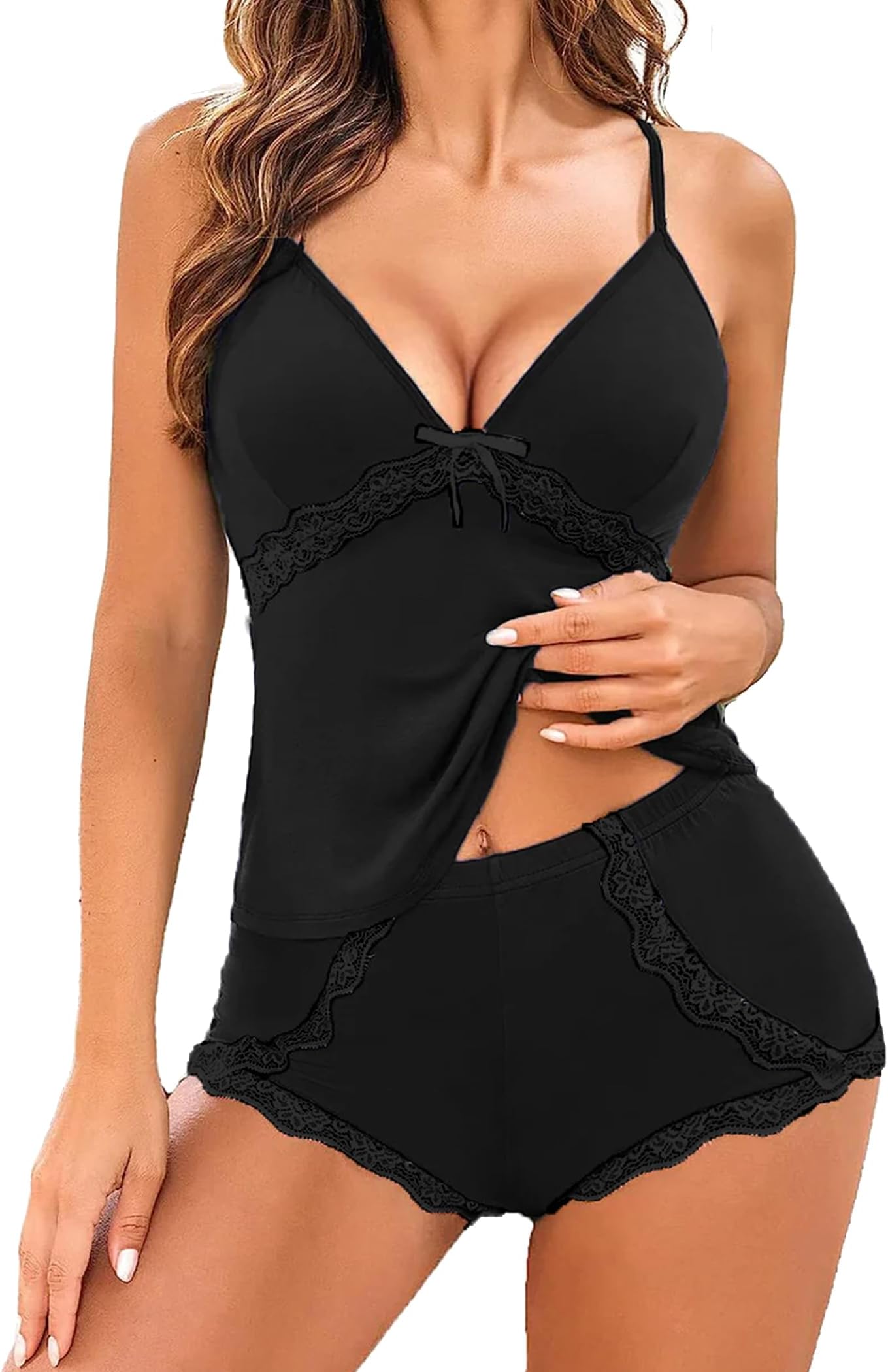 - Sexy Pajamas Set for Women Lace Modal Cute Lingerie Sets 2 Piece Cami Pj Shorts Set Sleepwear