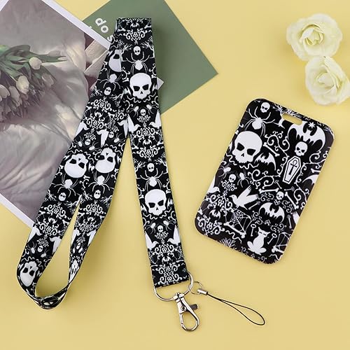 Miniatura 3 de BKBKAAK Cordón de calavera genial para insignias de identificación esqueleto gótico cordón de cuello sedoso con soporte de identificación llaveros