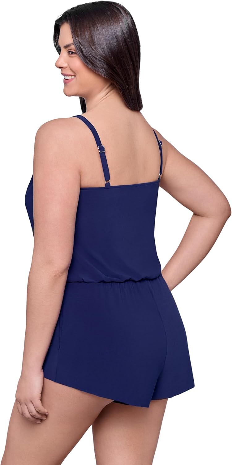 Aqua Green Women's V-Neck Blouson Slimming Swim Romper with Pocket