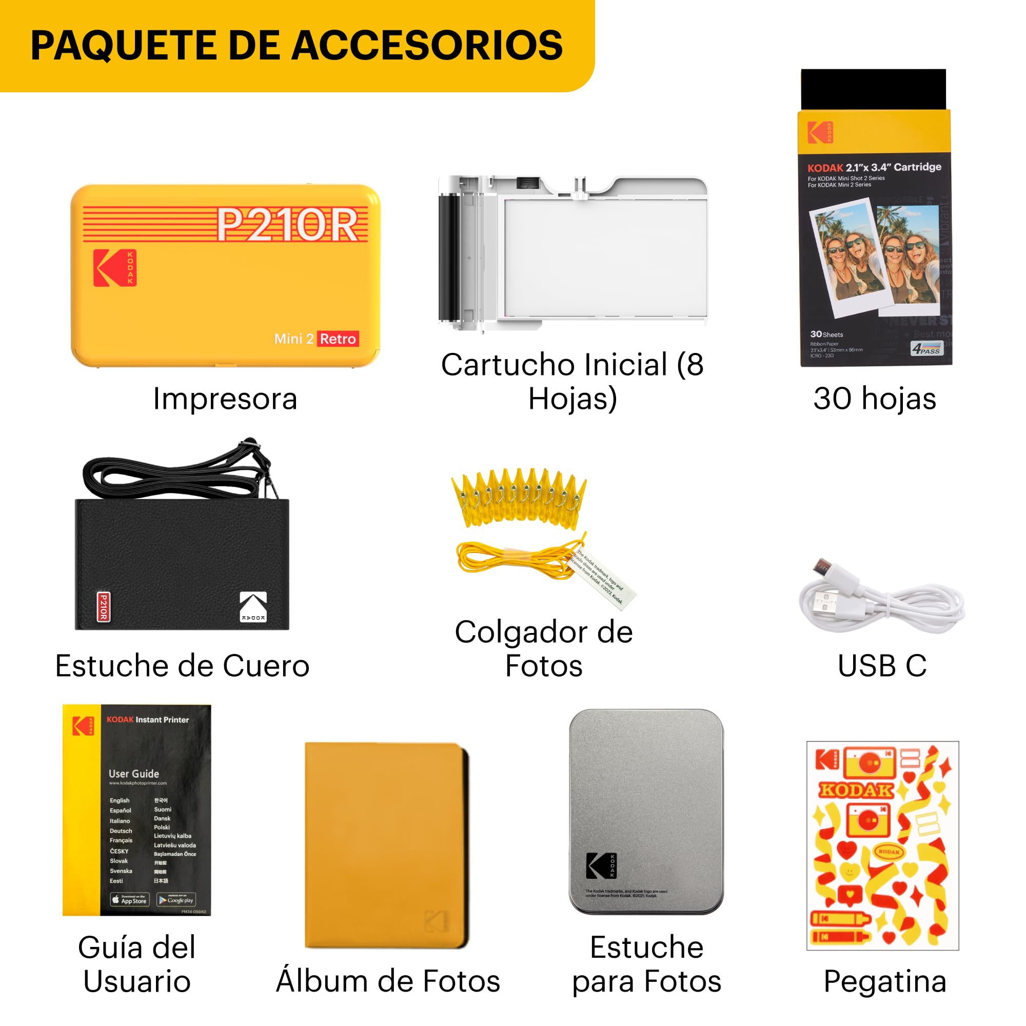 KODAK Mini 2 Retro 4Pass Impresora de Fotos Portátil (5,3x8,6cm) + Pack de Regalo con 68 Hojas (8 Hojas Iniciales + 60 Hojas) - Amarillo