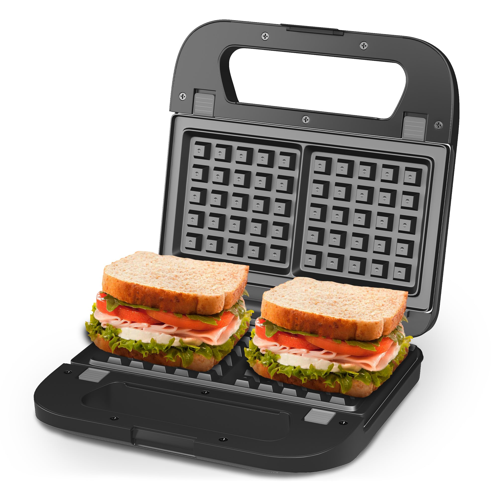 3 in 1 Electric Sandwich Maker, Panini Press Grill and Waffle Iron Set, Grill and Sandwich Press with Removable Non-Stick Plates, Indicator Lights & Cool Touch Handle, 750W, Black