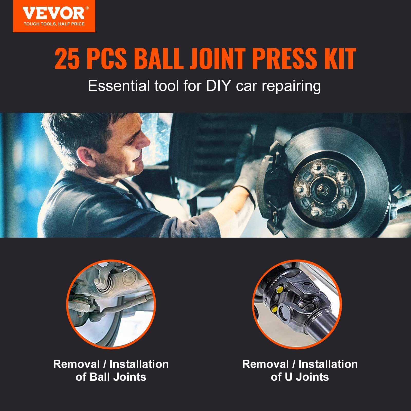 VEVOR Kit di Pressatura per Giunto Sferico 25 Pezzi in Valigetta da Officina per Riparazione Veicoli in Materiale Acciaio al Carbonio per Auto 2WD/4WD, Kit Attrezzatura Giunti Sferici 25 Pz a Telaio C
