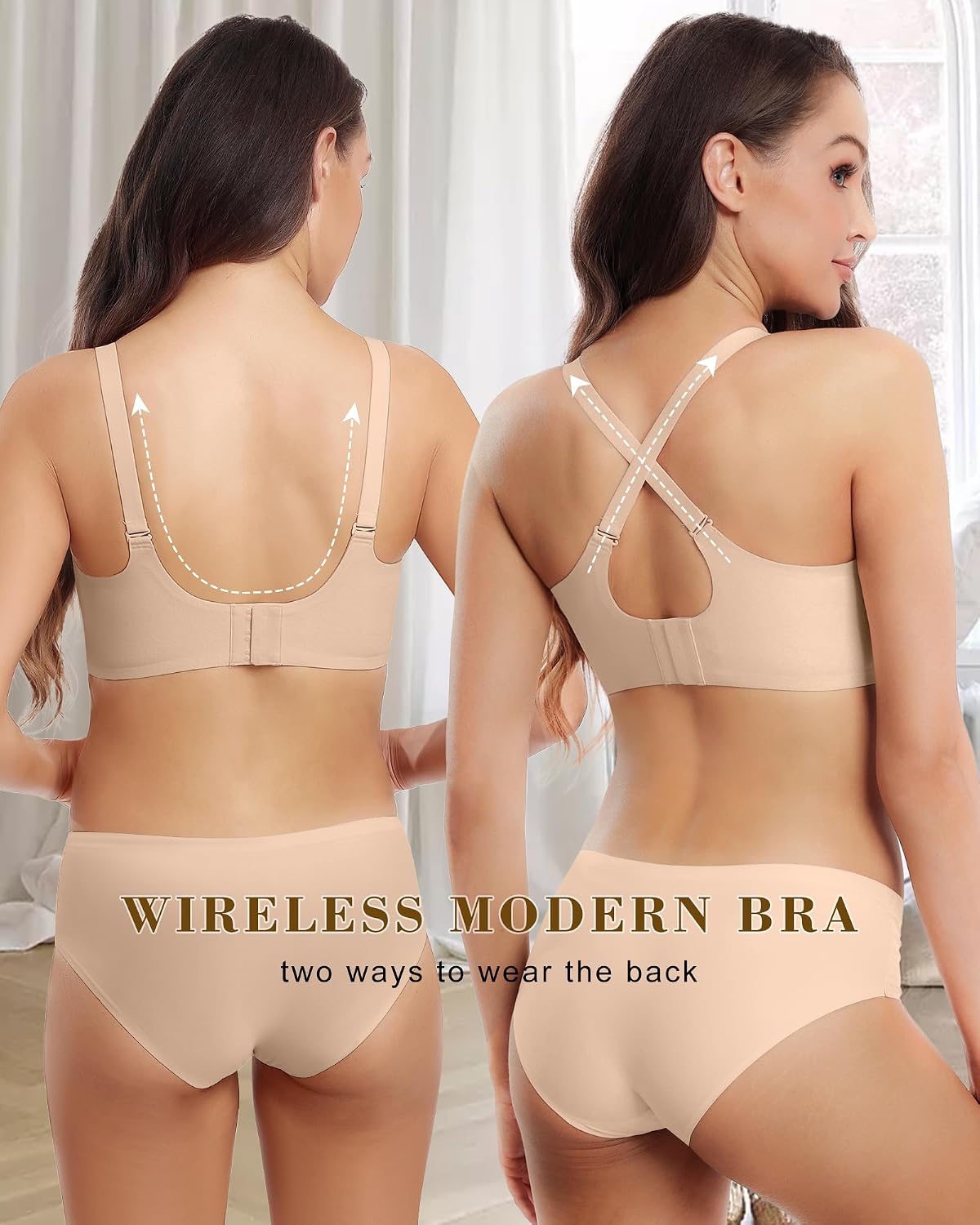 HORISUN Bras for Women No Underwire V Neck Scalloped Wireless Push Up Bra with Soft Support Comfort Seamless Bralettes