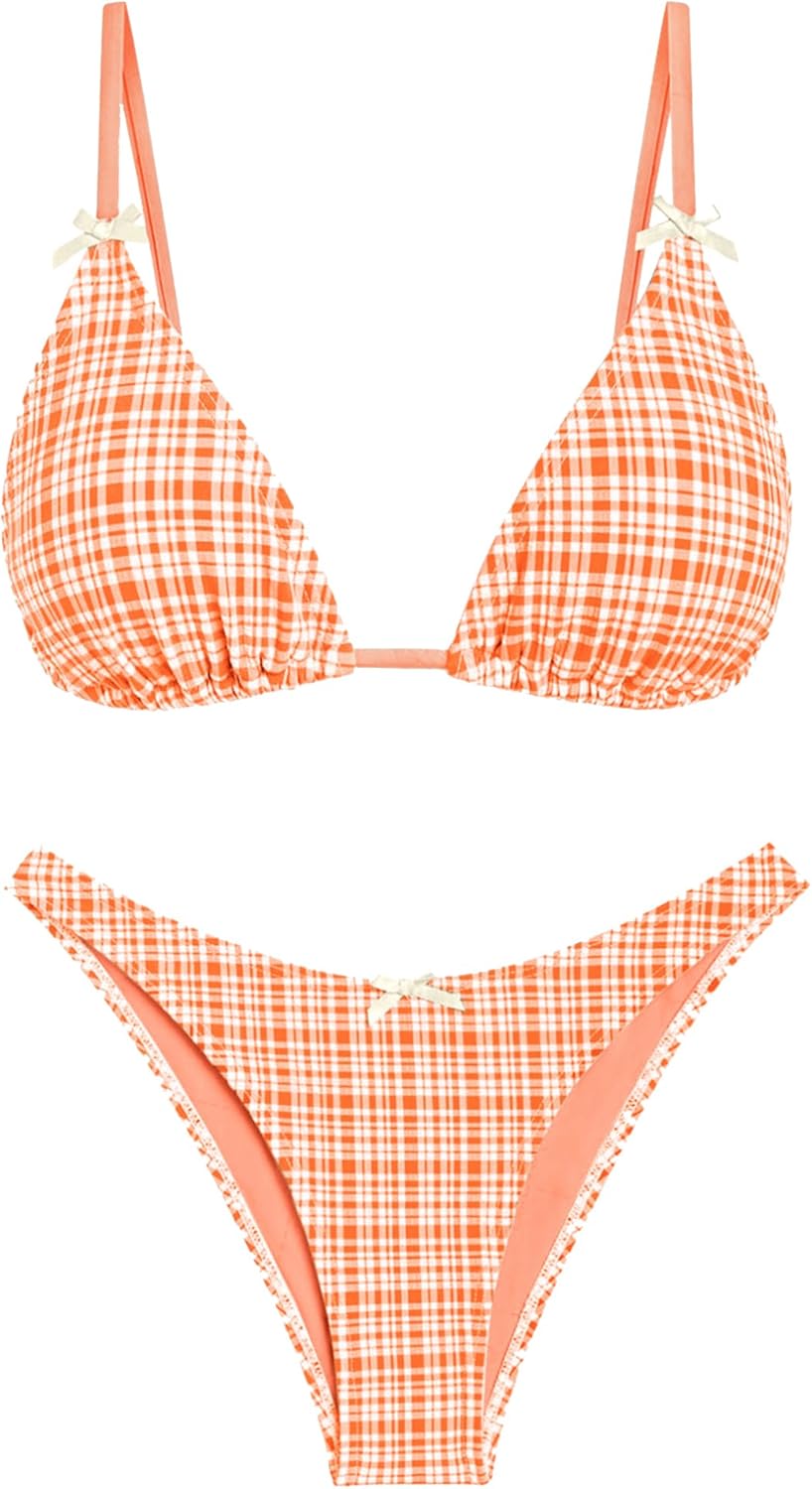 seamoly Women's Bikini Sets Tie Back Bowknot Two Piece Swimsuits Triangle Thong Bathing Suit Gingham Floral Cherry Printing
