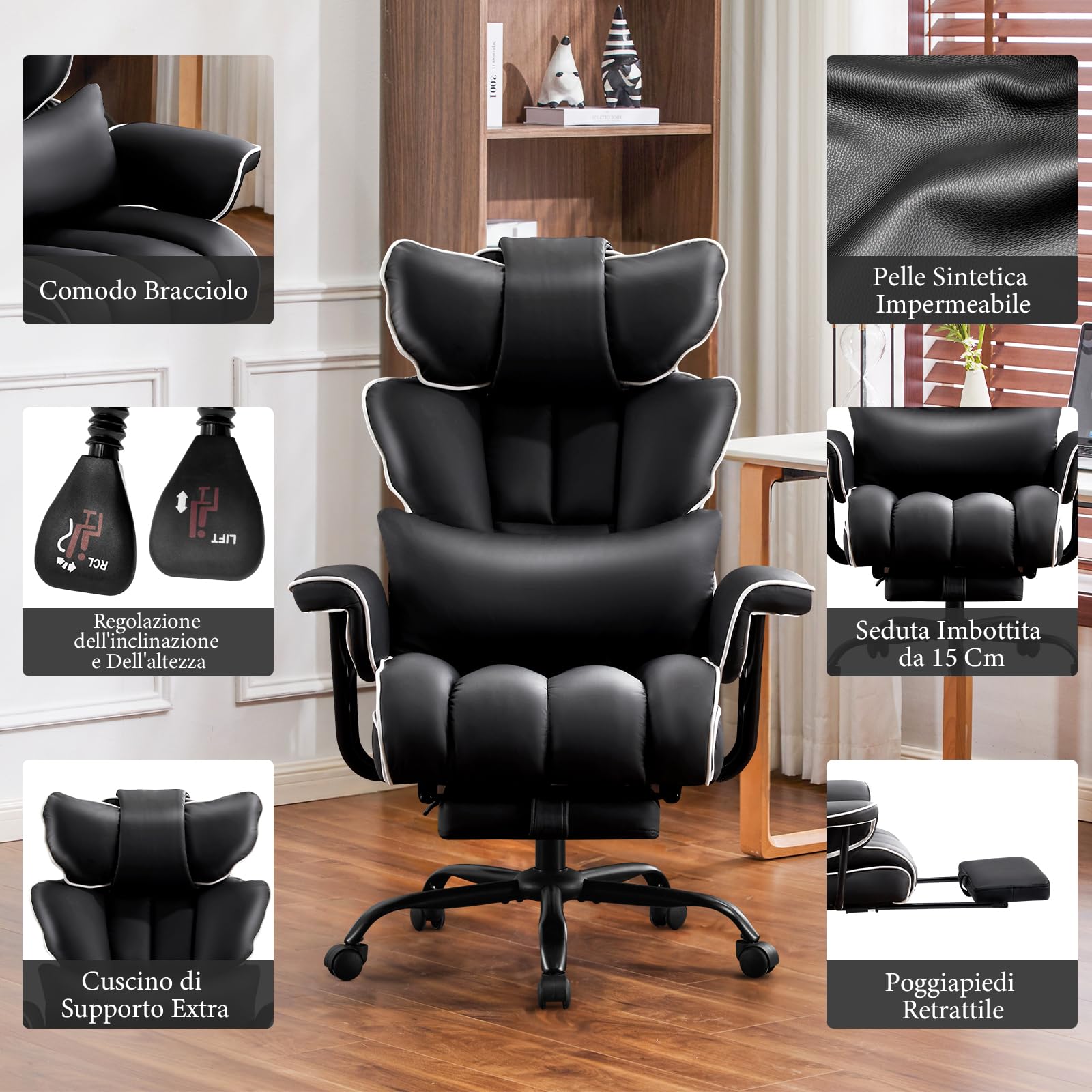 Sedia Ufficio Ergonomica, Poltrona Direzionale in Pelle PU, Sedia Gaming con Poggiapiedi e Supporto Lombare, Sedia da Ufficio Reclinabile Girevoli Altezza Regolabile 200kg (Nero)