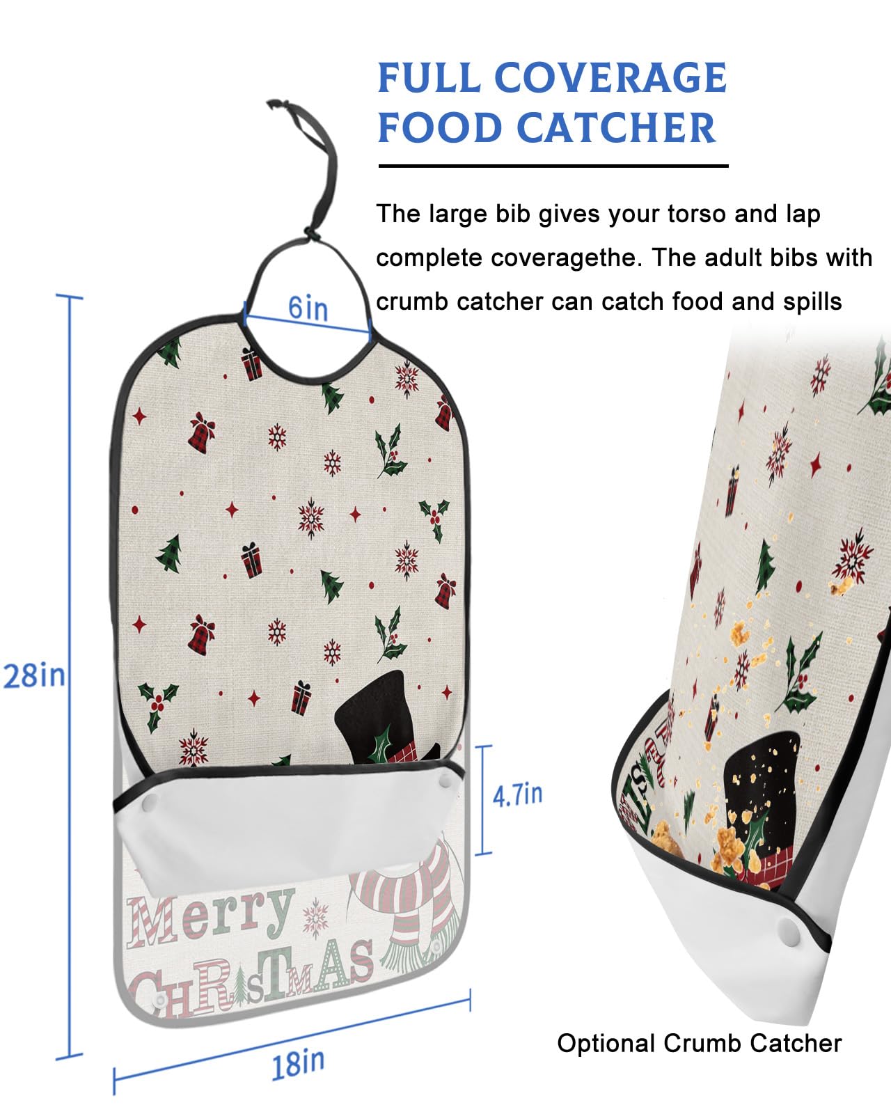 Christmas Snowman Adult Bibs for Eating, Waterproof Bibs with Food Catcher & Adjustable Snap Closure, Xmas Gifts Winter Snowflake Rustic Washable Clothing Protectors Adult Bibs for Elderly Women/Men