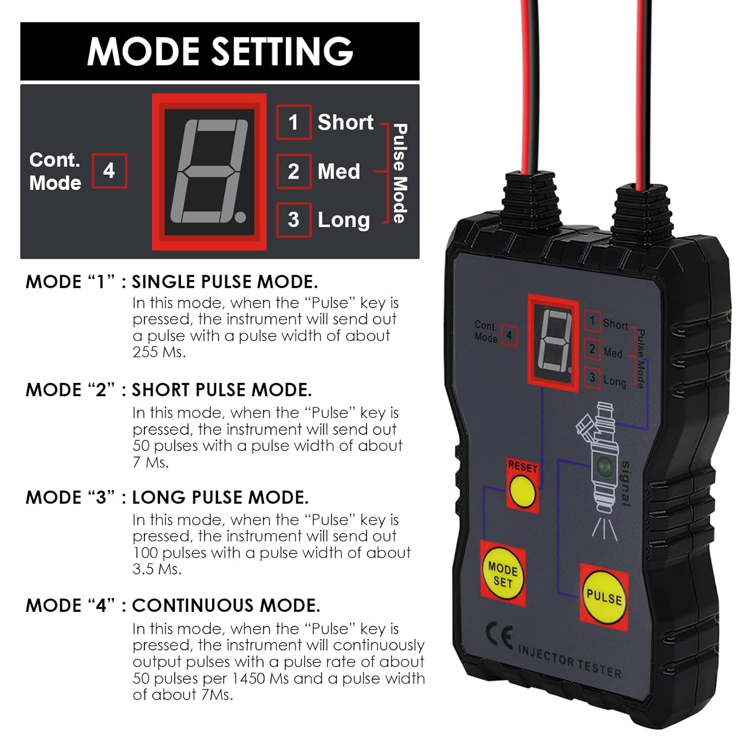 Diagram illustrating the four pulse modes (Single, Short, Long, Continuous) and their respective pulse widths and counts.