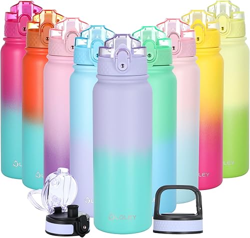 Botellas de agua de acero inoxidable con aislamiento de 20 onzas con boquilla de sorbo, 3 tapas10 calcomanías, doble pared al vacío, térmico,