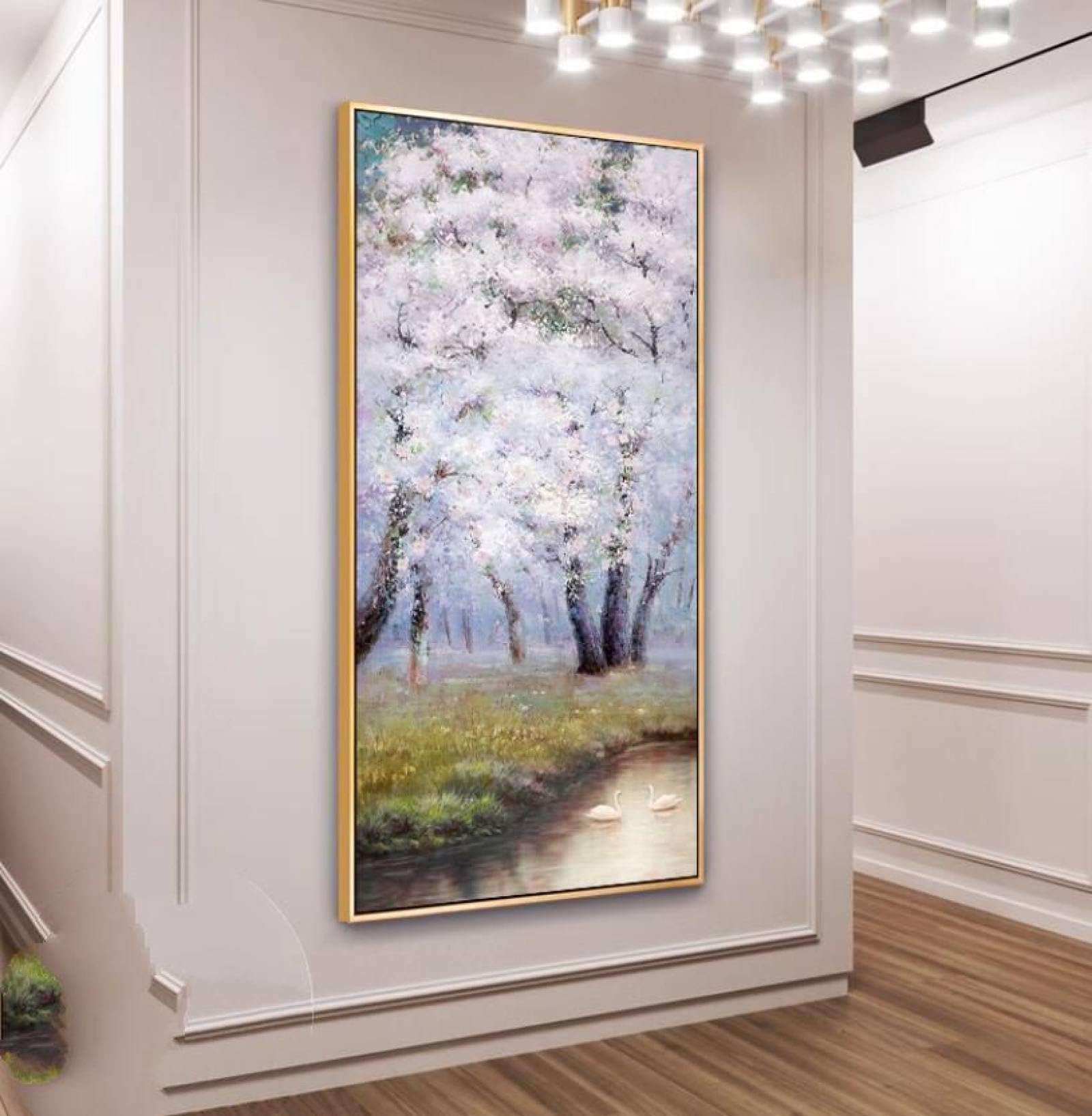 Peinture à l'huile fleurs de cerisier grand format pour salon lumineux