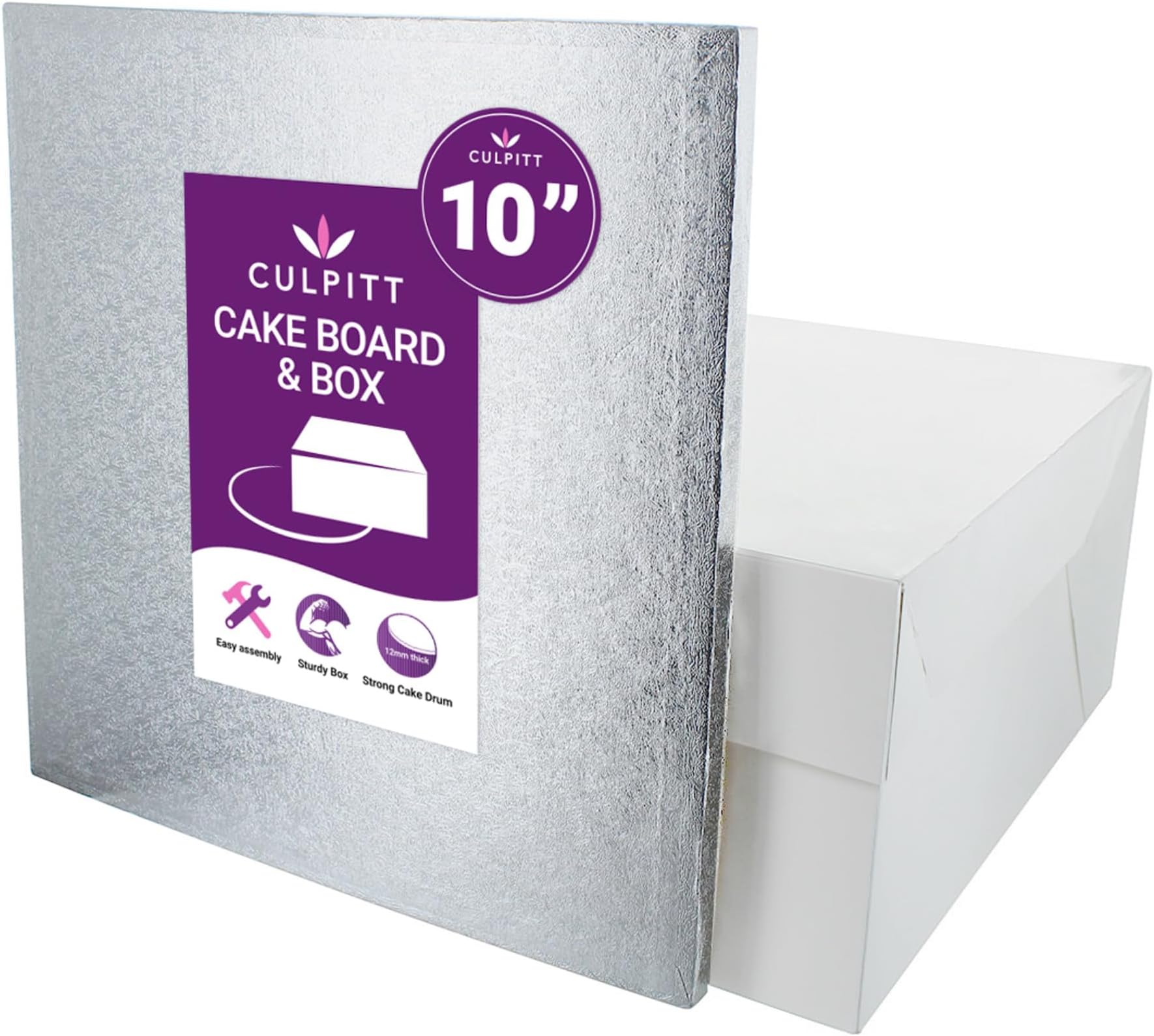 Culpitt 10" Square Silver Cake Drum Board & White Cake Box Combo, 10 Inch Box and Matching Board Set For Cake Transport